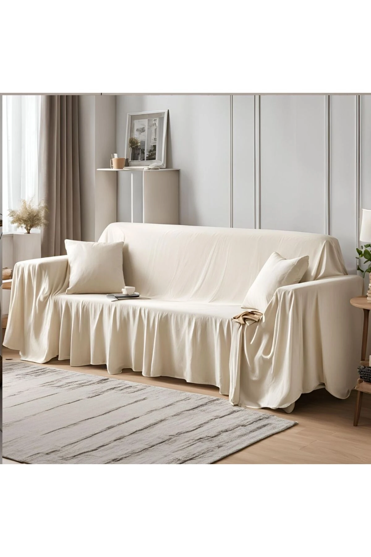 Pamuk Keten Koltuk Örtüsü - Ekru (170x220 cm) - Ekru - 170 x 220