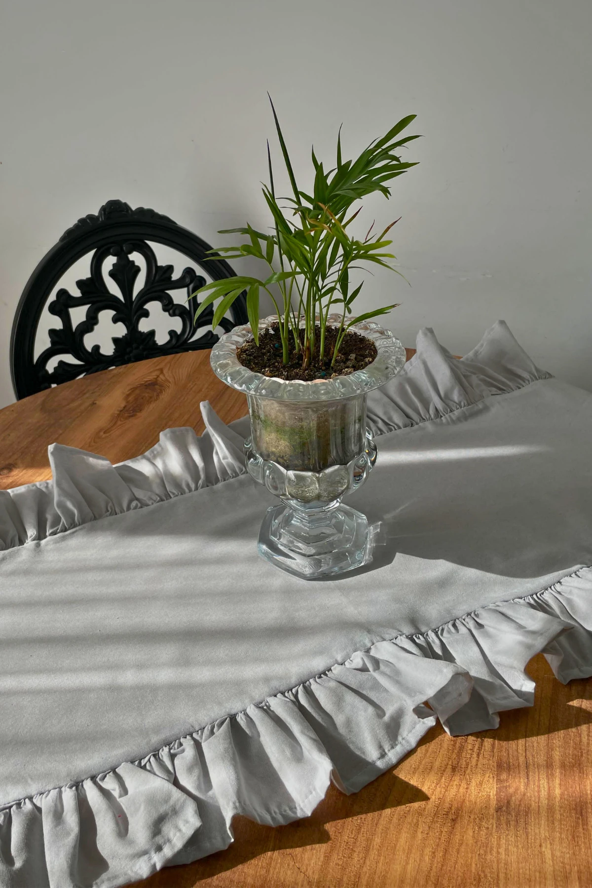 Fırfırlı Keten Runner - Gri - 40 x 110