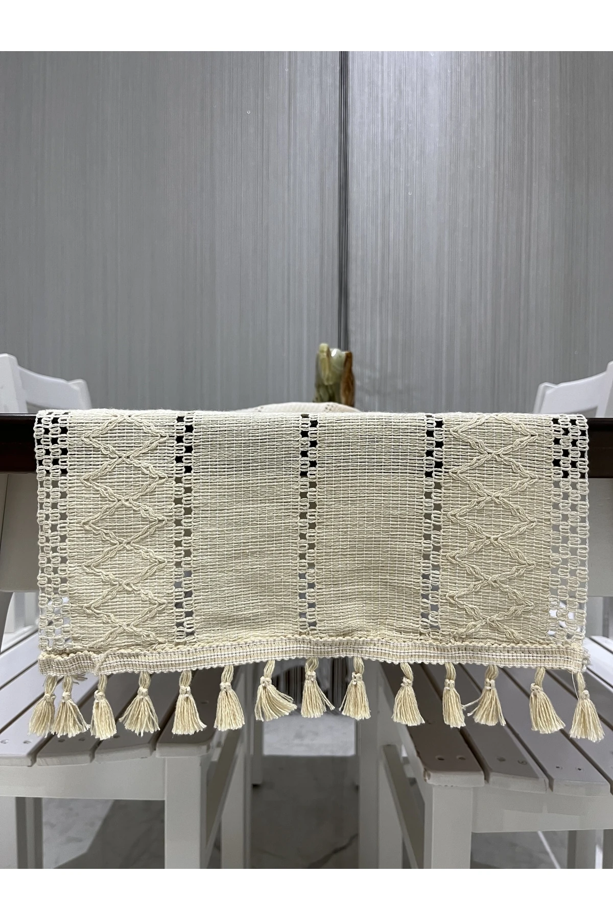 Otantik Desenli Püsküllü Runner (35x140 cm) - Bej - 35 x 140