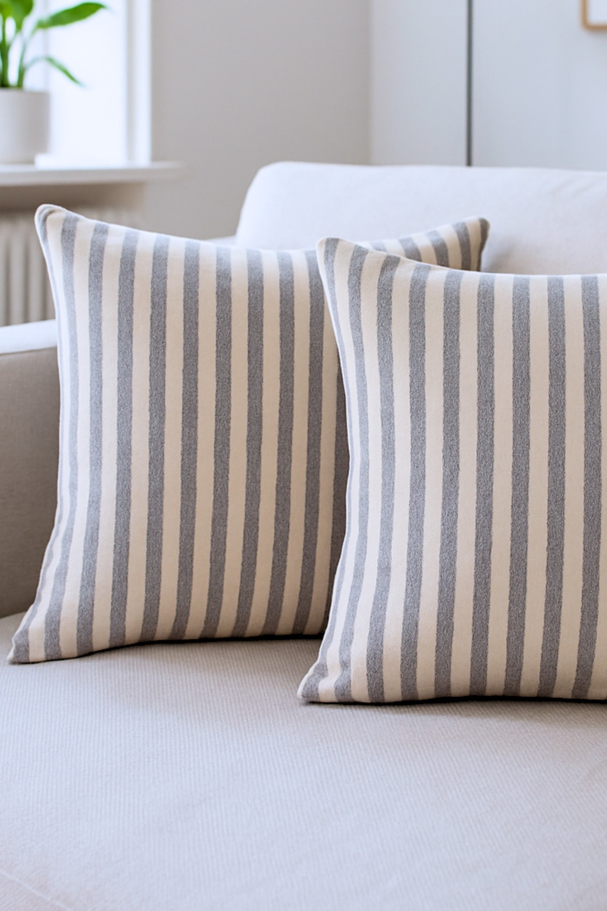 Çizgili Pamuk Keten Kırlent Kılıfı (2'li Set) - Gri - 43 x 43