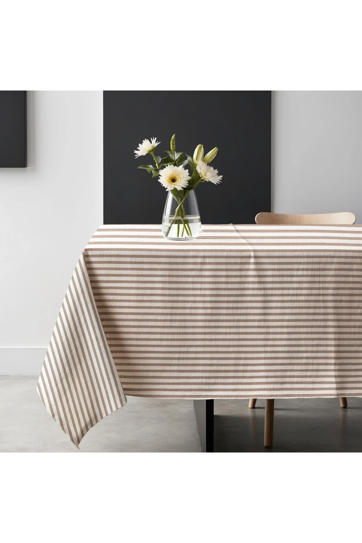 Sütlü Kahve Çizgili Keten Masa Örtüsü - Açık Kahve - 140 x 180