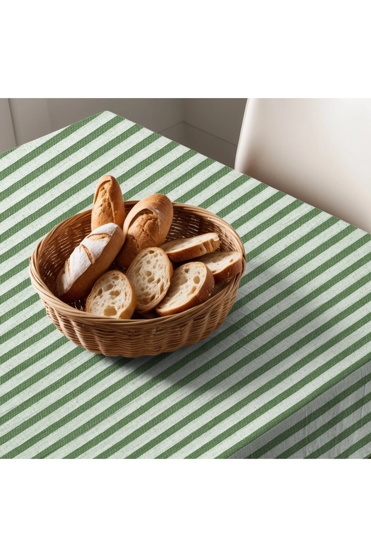 Zümrüt Yeşil Çizgili Keten Masa Örtüsü - Zümrüt Yeşil - 180 x 220