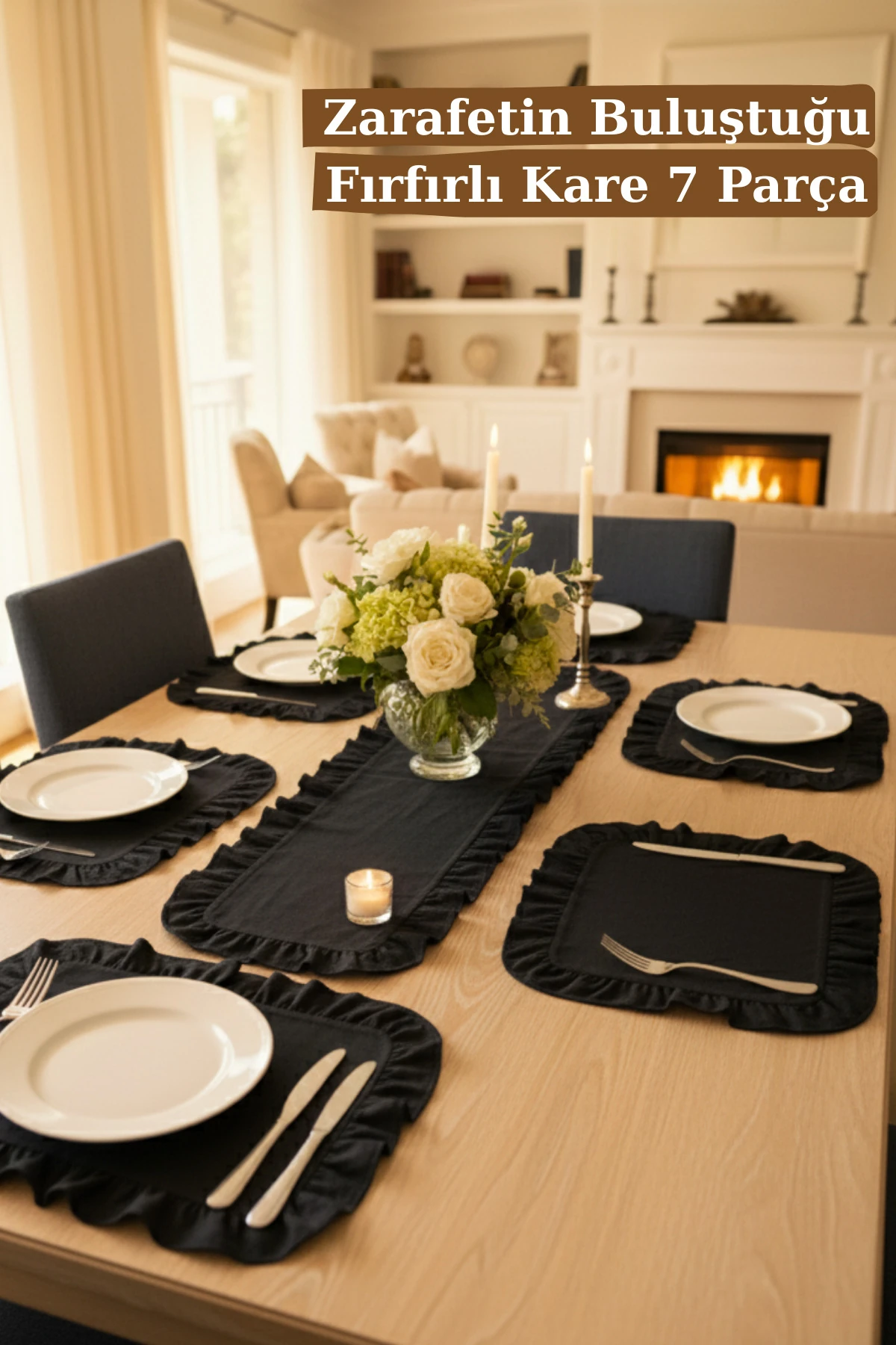 Fırfırlı Keten Runner ve Kare Supla Seti (7 Parça) - Siyah - 40 x 110