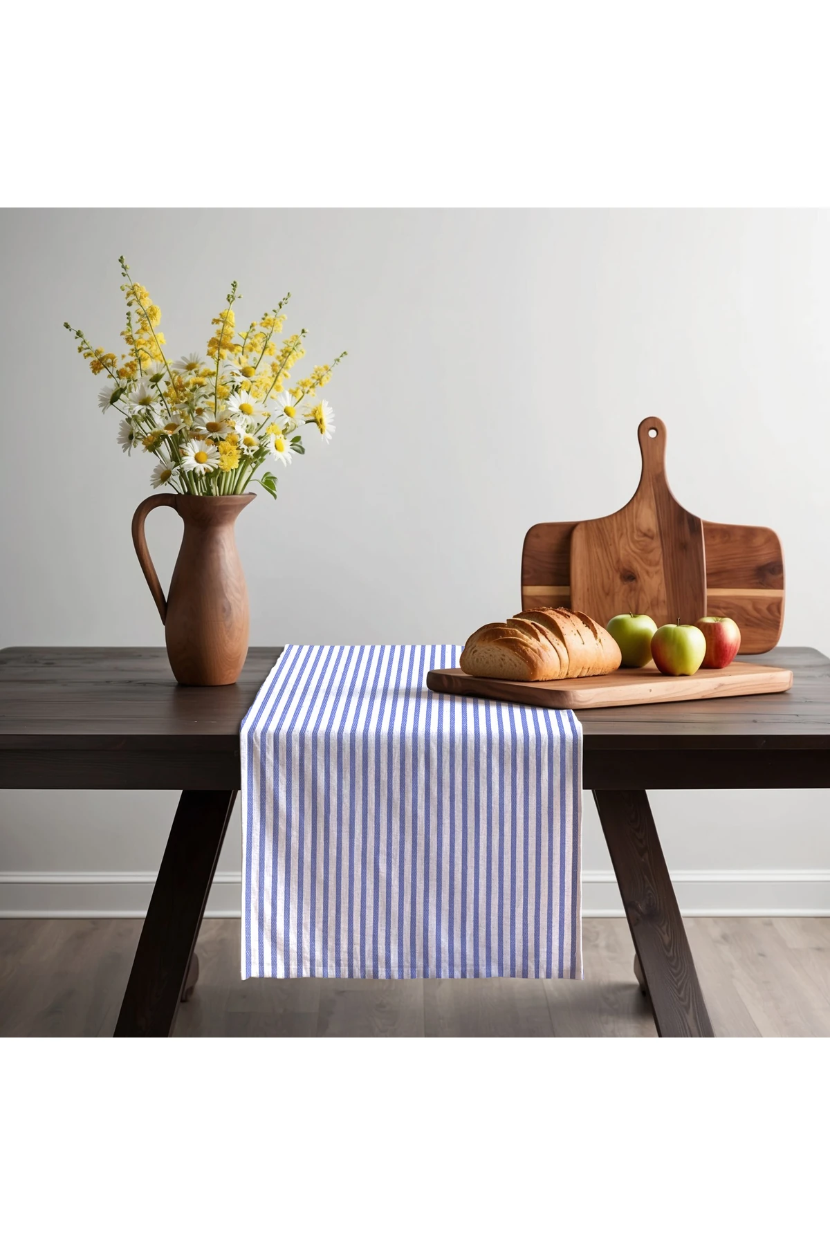 Lacivert Çizgili Keten Runner - Lacivert - 40 x 150