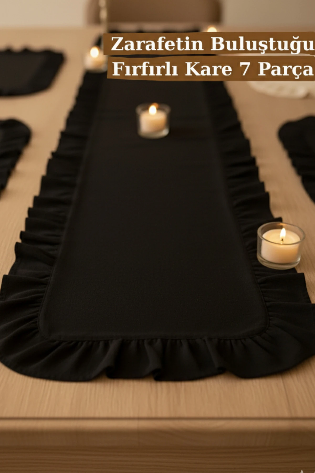 Fırfırlı Keten Runner ve Kare Supla Seti (7 Parça) - Siyah - 40 x 110