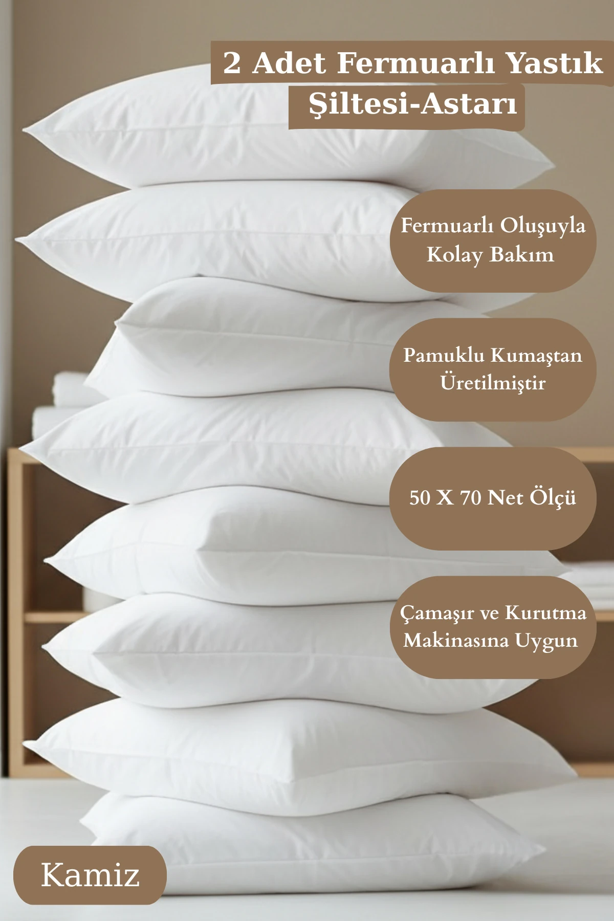 Pamuklu Yastık Kılıfı - 2 Adet - Beyaz - 50 x 70