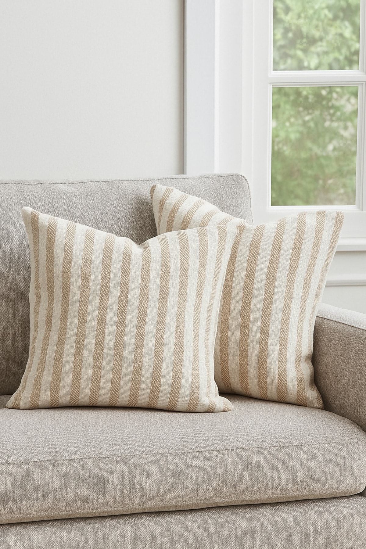 Çizgili Pamuk Keten Kırlent Kılıfı (2'li Set) - Sütlü Kahve - 43 x 43