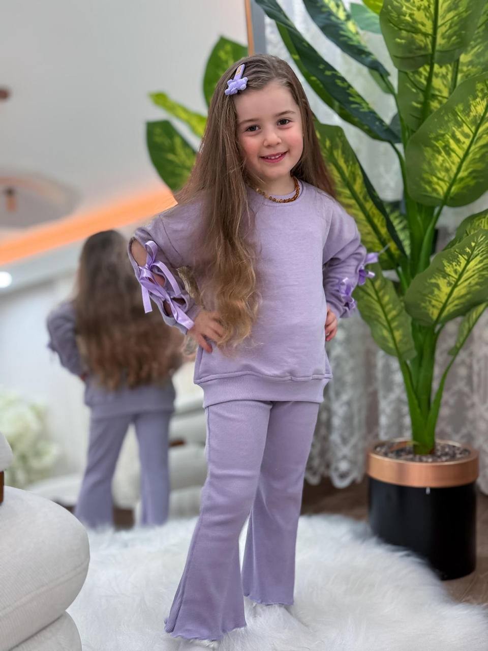 Kız Çocuk Kurdele Taytlı Takım- Lila