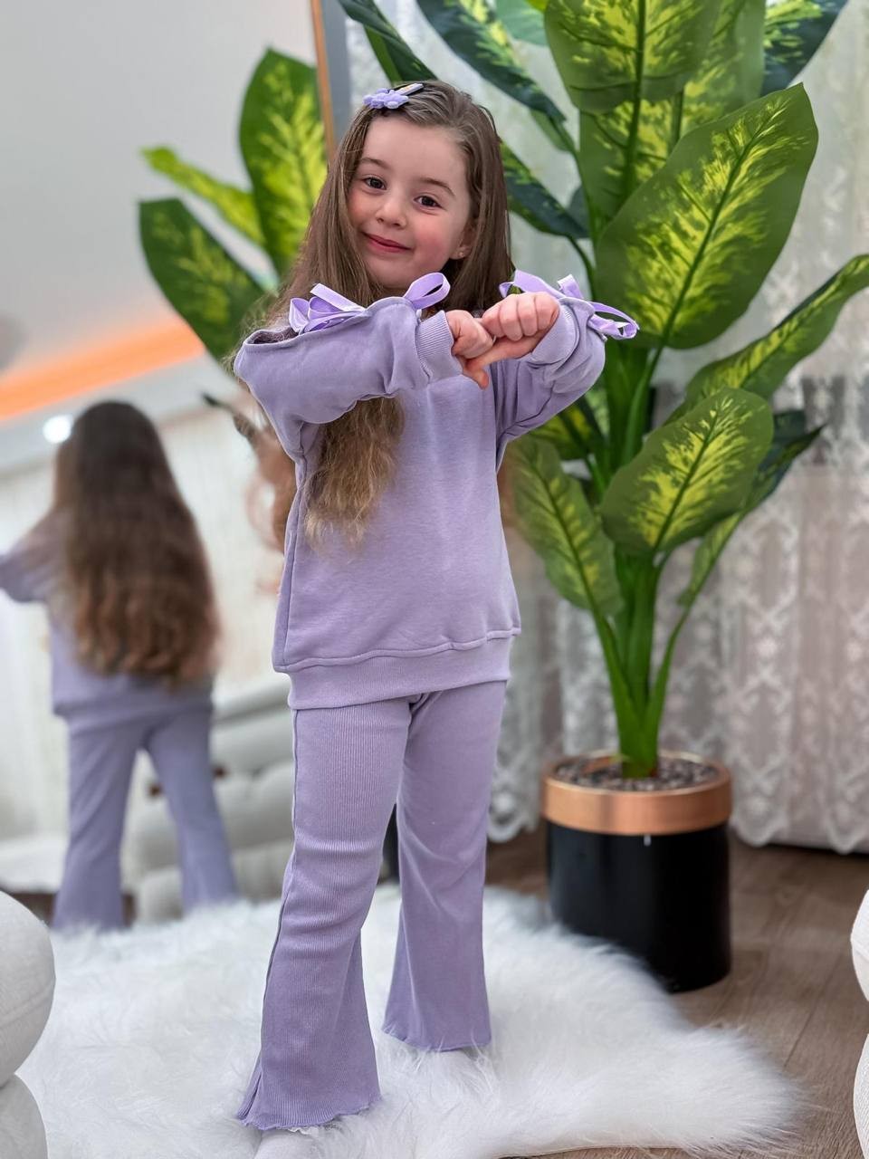 Kız Çocuk Kurdele Taytlı Takım- Lila