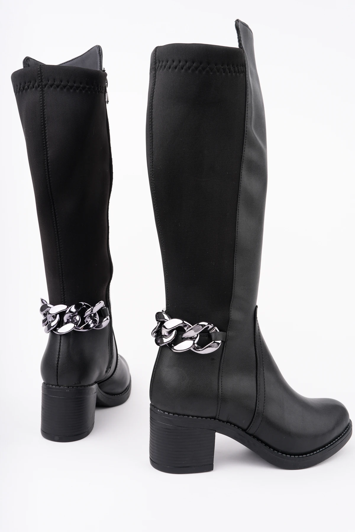 BLN-710 Tokalı Streç Kalın Topuk Çizme - SİYAH