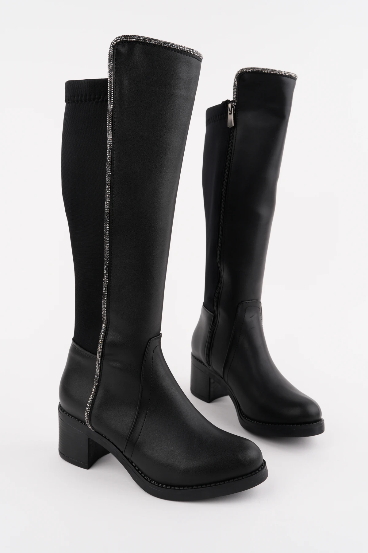 BLN-708 Kalın Topuk Streç Taşlı Çizme - SİYAH
