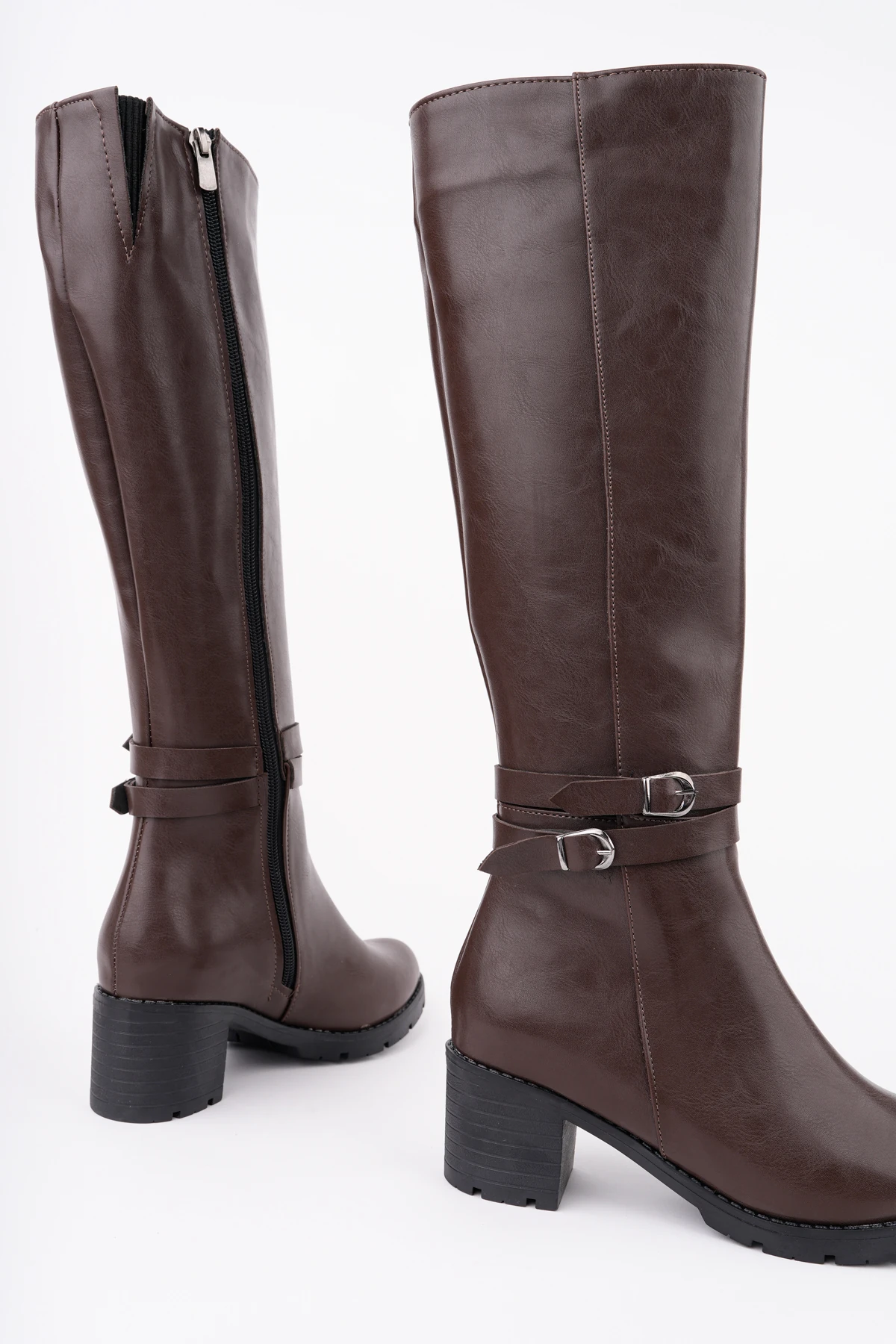 BLN-746 Çift Kemerli Kalın Topuk Çizme - KAHVE