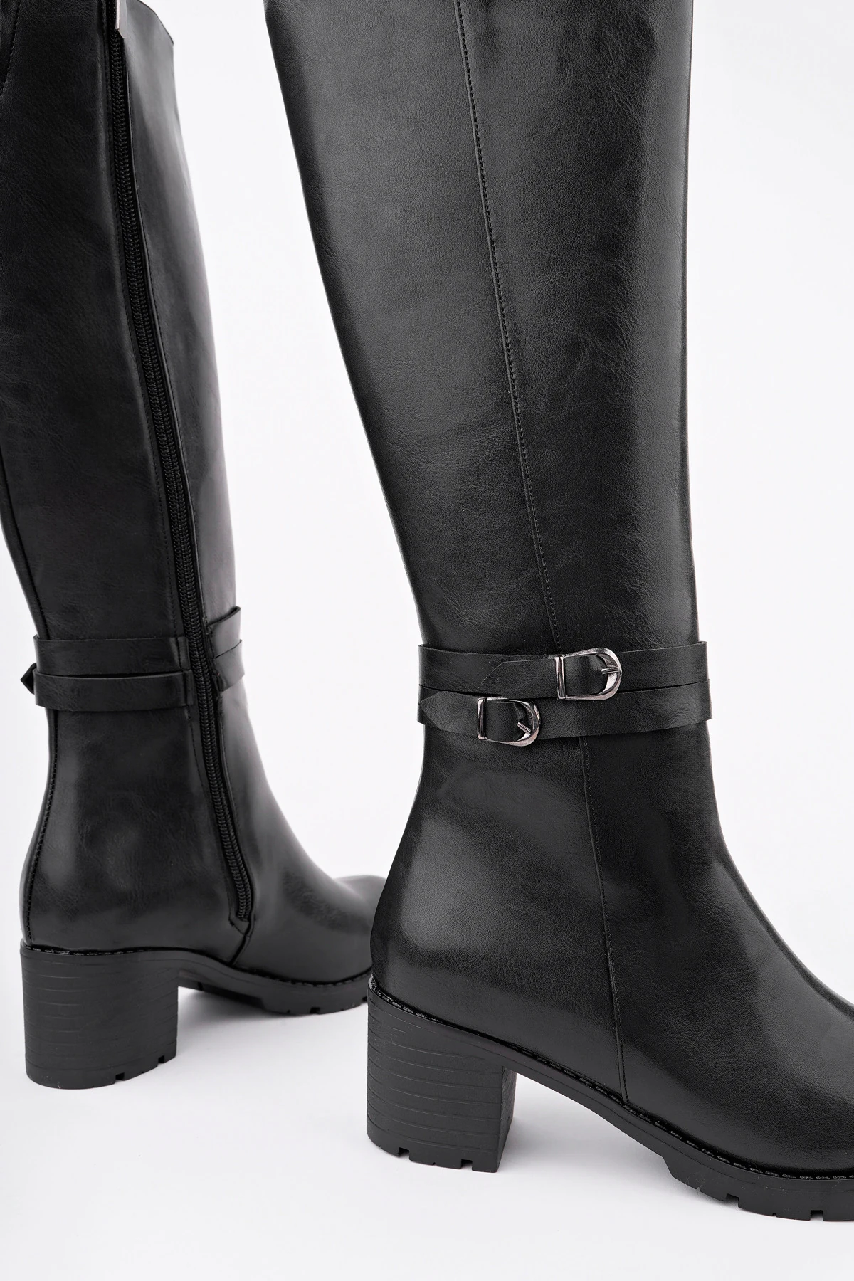 BLN-746 Çift Kemerli Kalın Topuk Çizme - SİYAH
