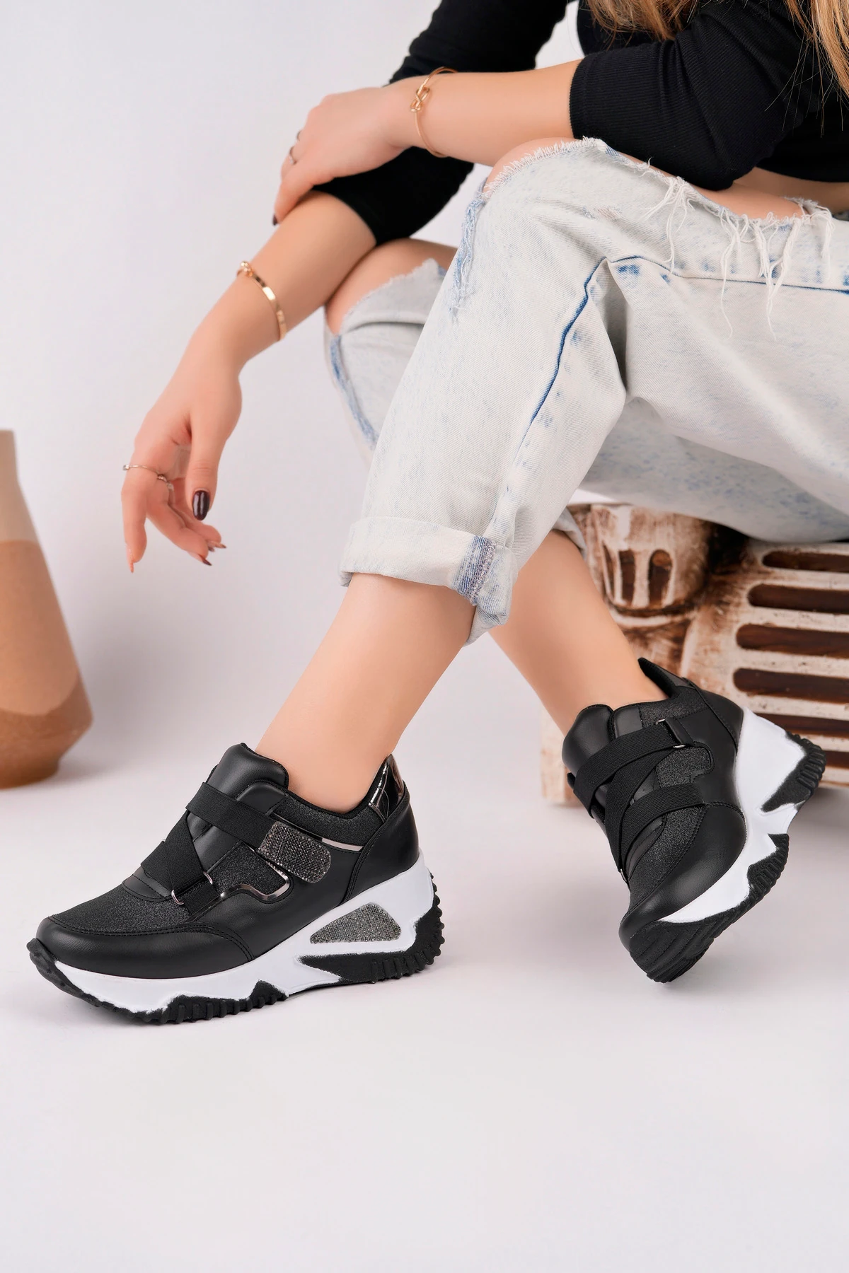 DNR-608 Simli Lastikli Kalın Taban Spor - SİYAH