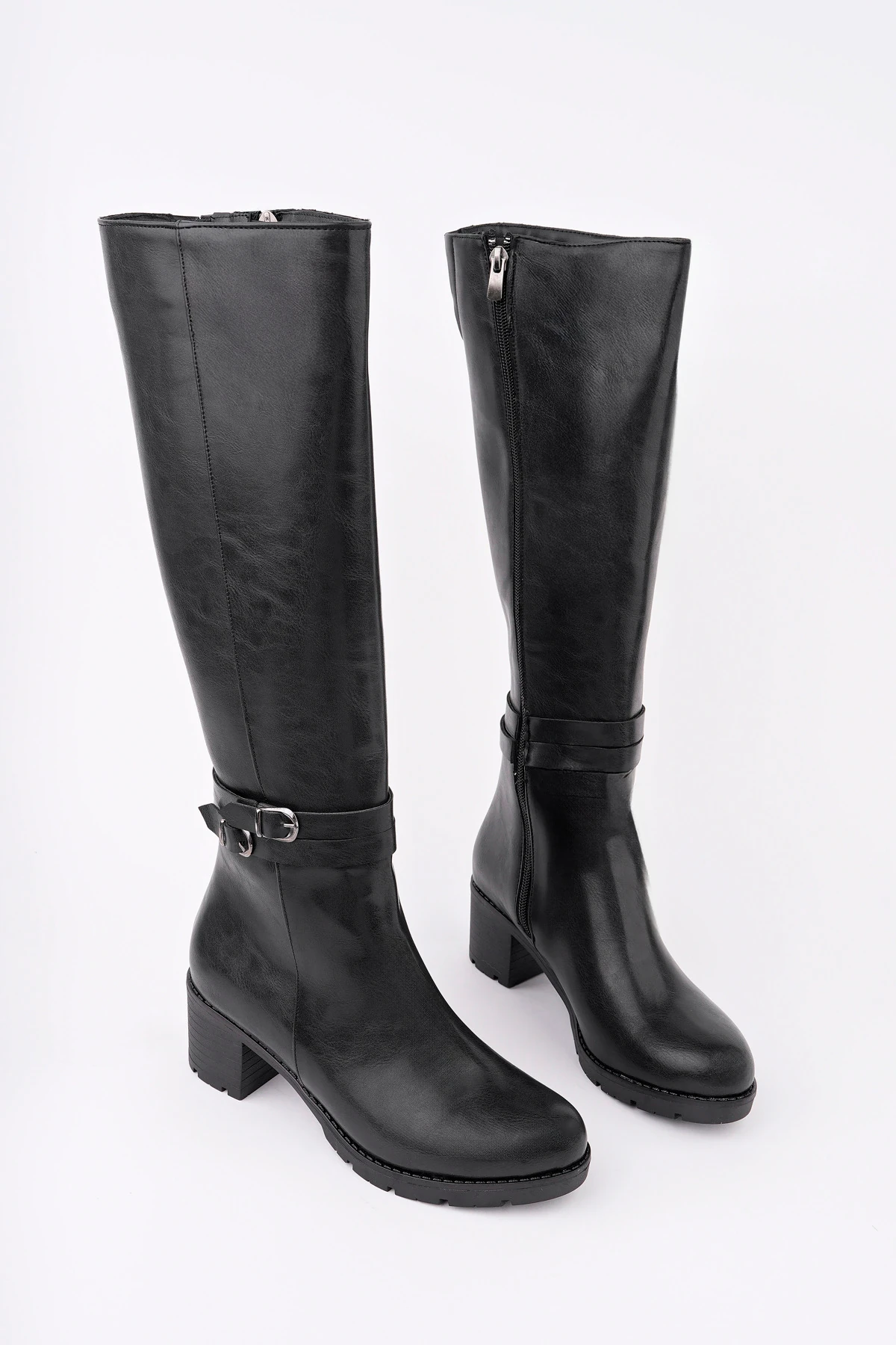 BLN-746 Çift Kemerli Kalın Topuk Çizme - SİYAH