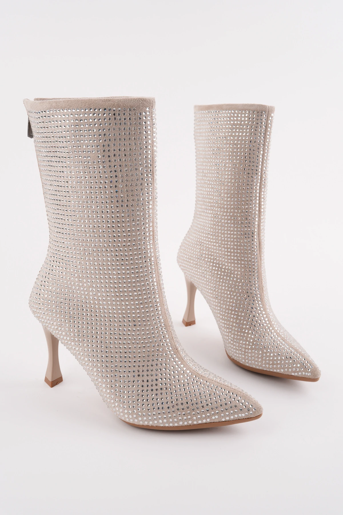 BLN-801 Full Taşlı İnce Topuk  Bot - BEJ