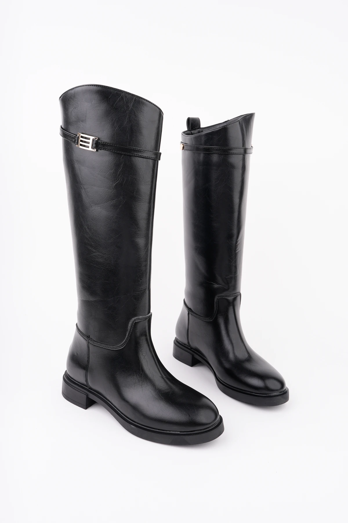 KCL-BR09 Düz Topuk Kemer Detaylı Çizme - SİYAH