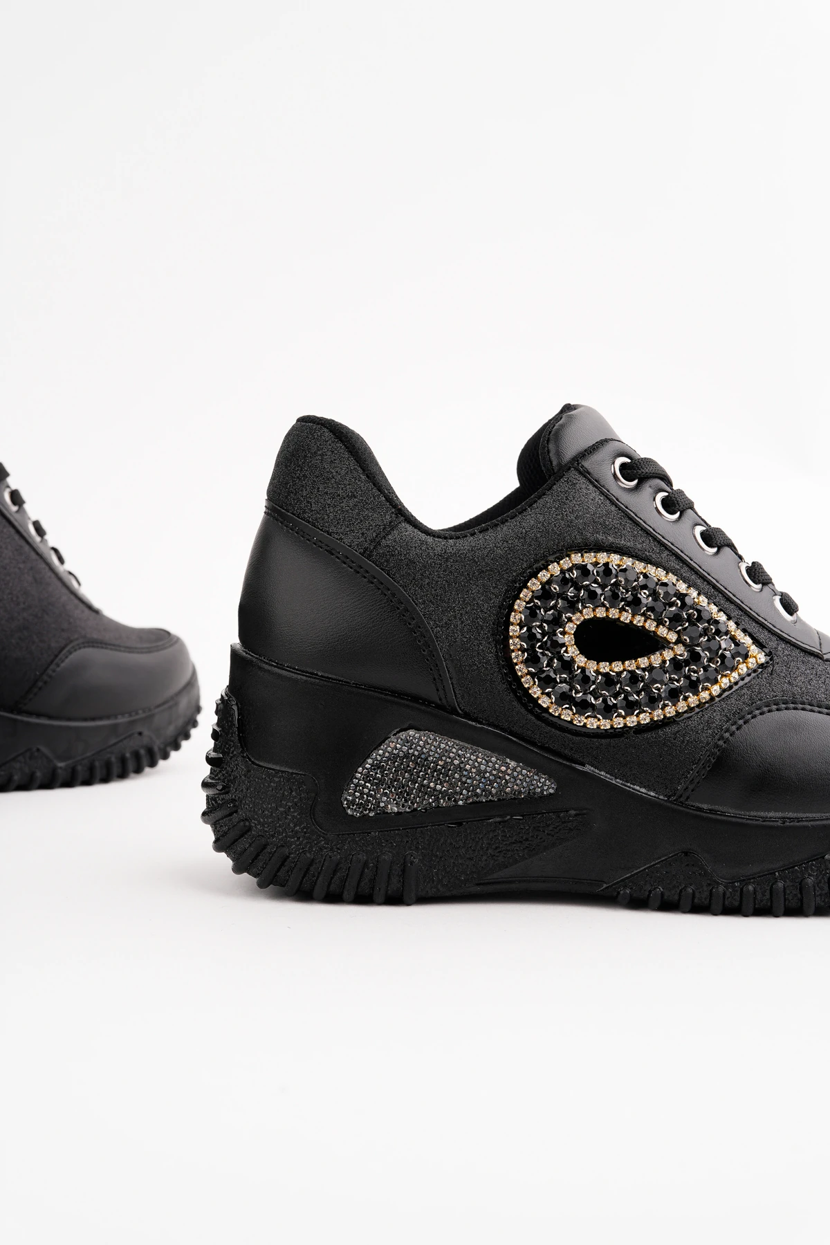 DNR-613 Kalın Taban Simli Taşlı Spor - SİYAH