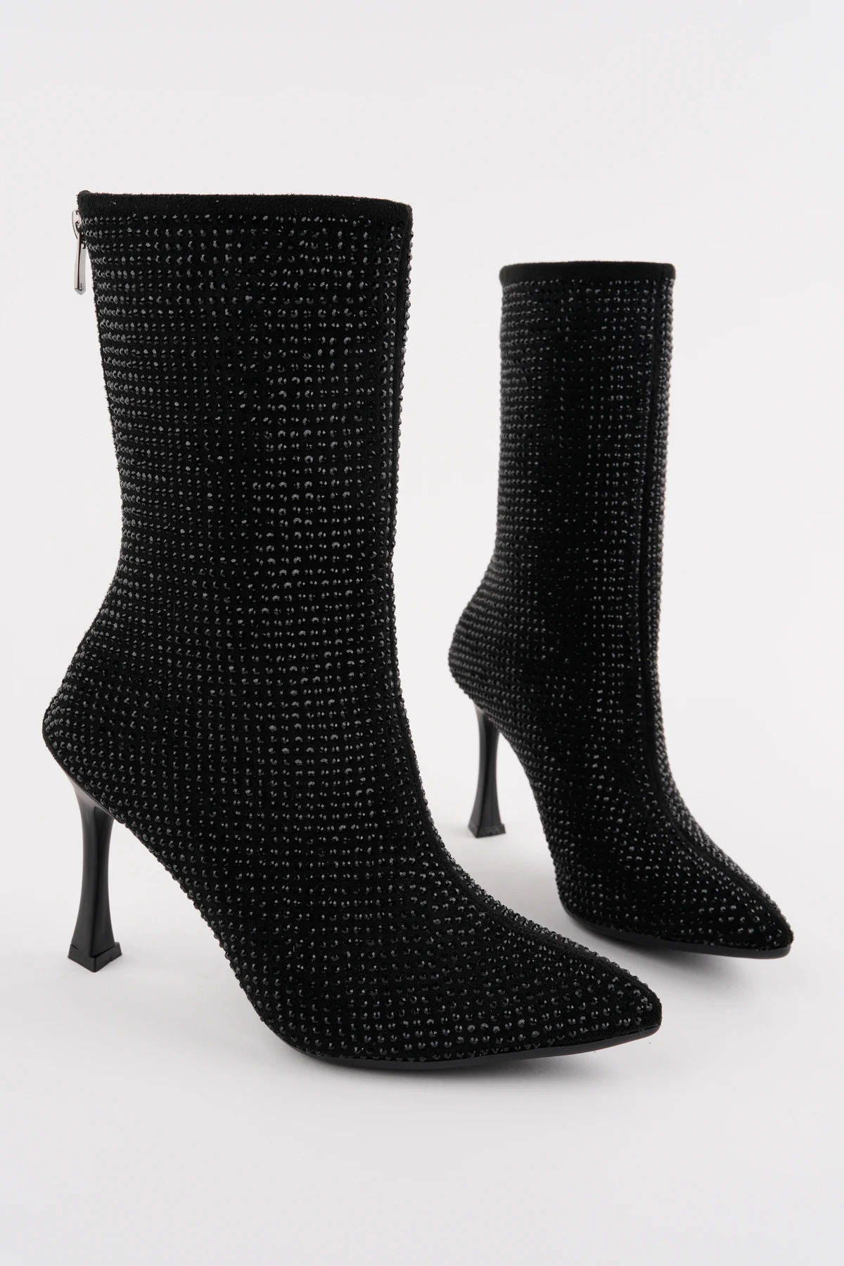 BLN-801 Full Taşlı İnce Topuk  Bot - SİYAH