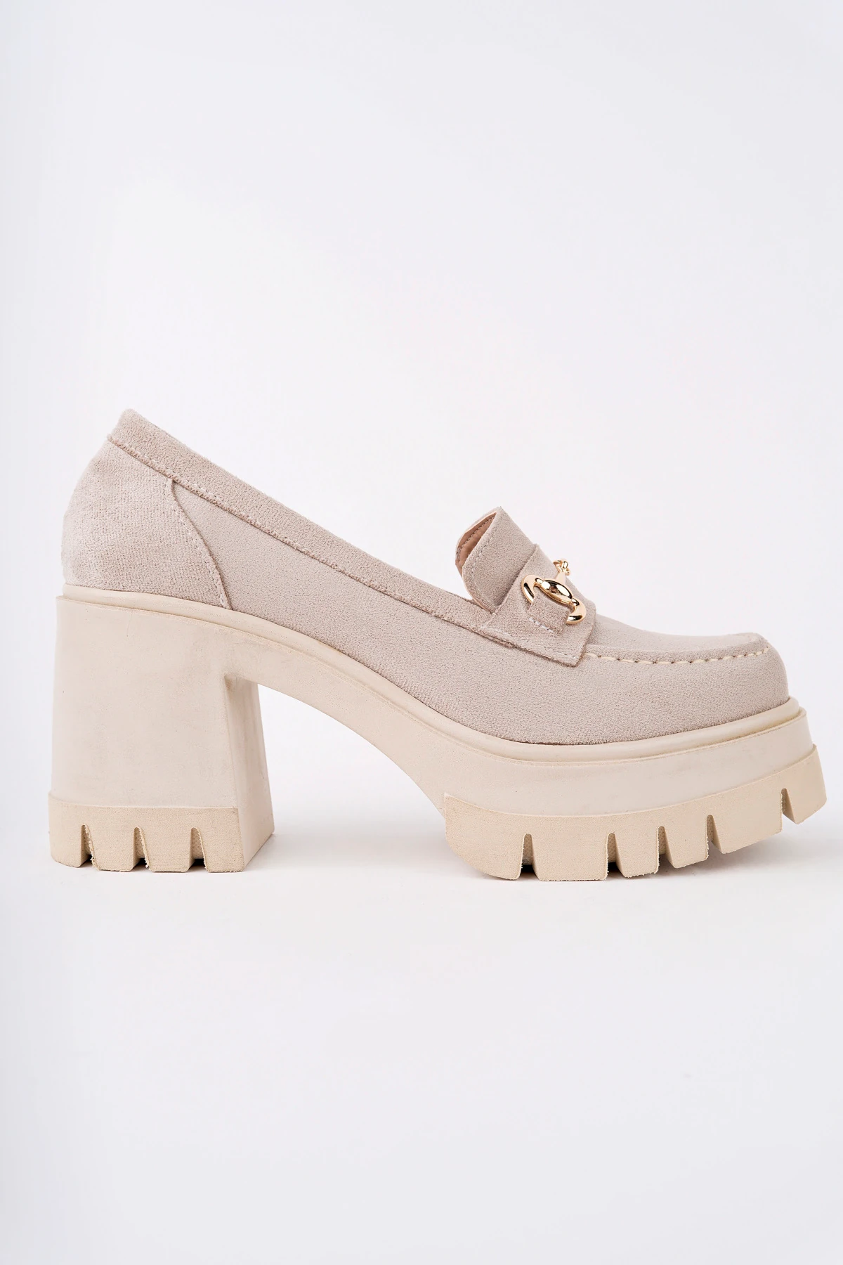 BLN-403 Kalın Topuk Toka Detaylı Loafer - BEJ SÜET