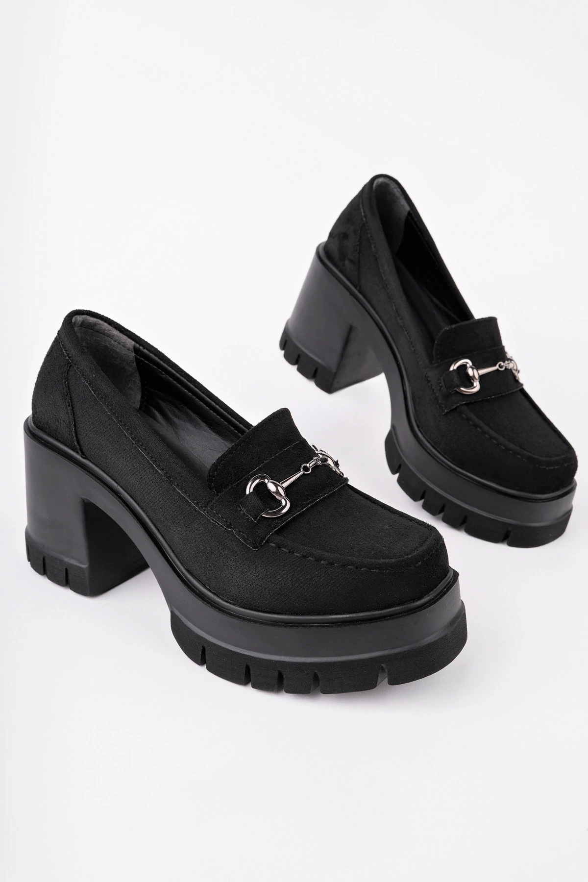 BLN-403 Kalın Topuk Toka Detaylı Loafer - SİYAH SÜET