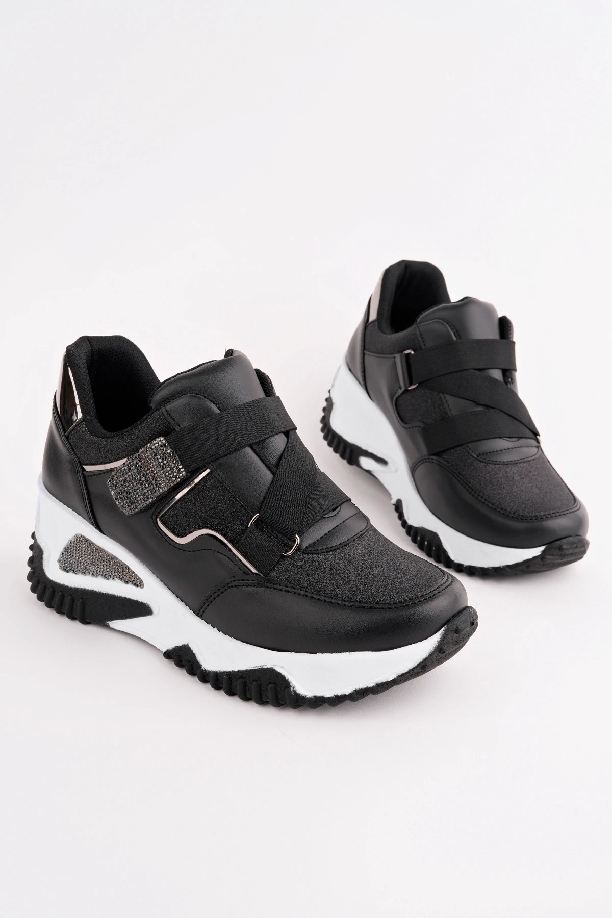 DNR-608 Simli Lastikli Kalın Taban Spor - SİYAH