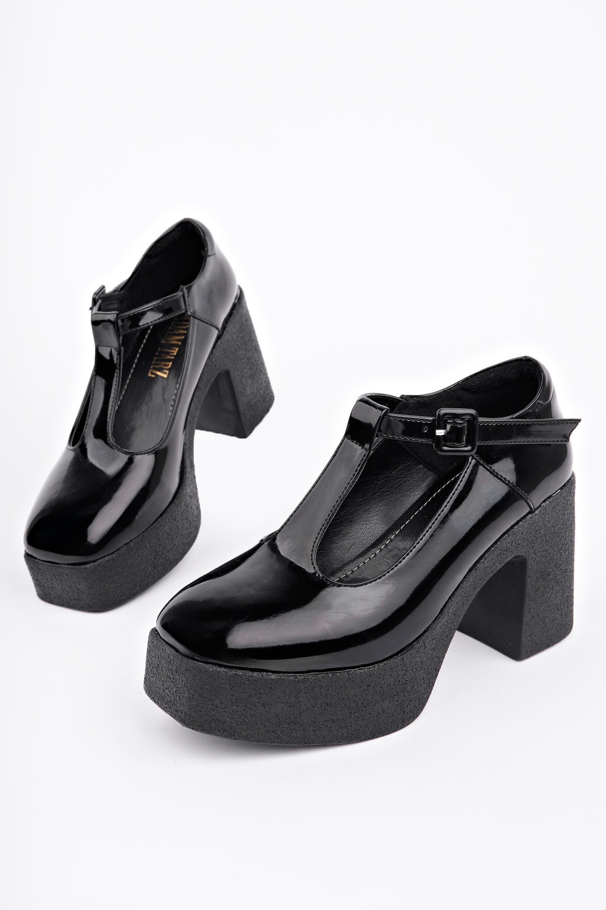 SMR-3261 Kalın Topuk Kemerli Loafer - SİYAH RUGAN