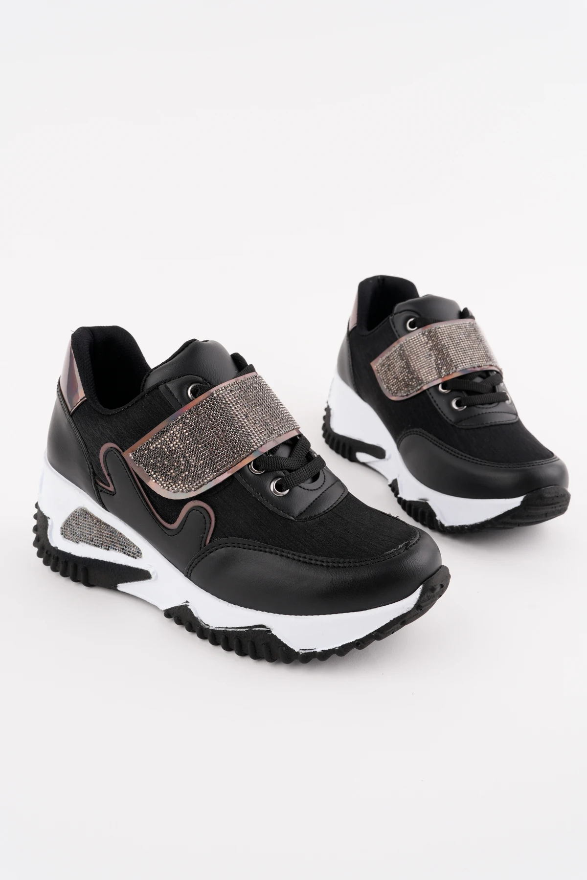 DNR-618 Kalın Taban Taşlı Cırtlı Spor - SİYAH BYZ TBN