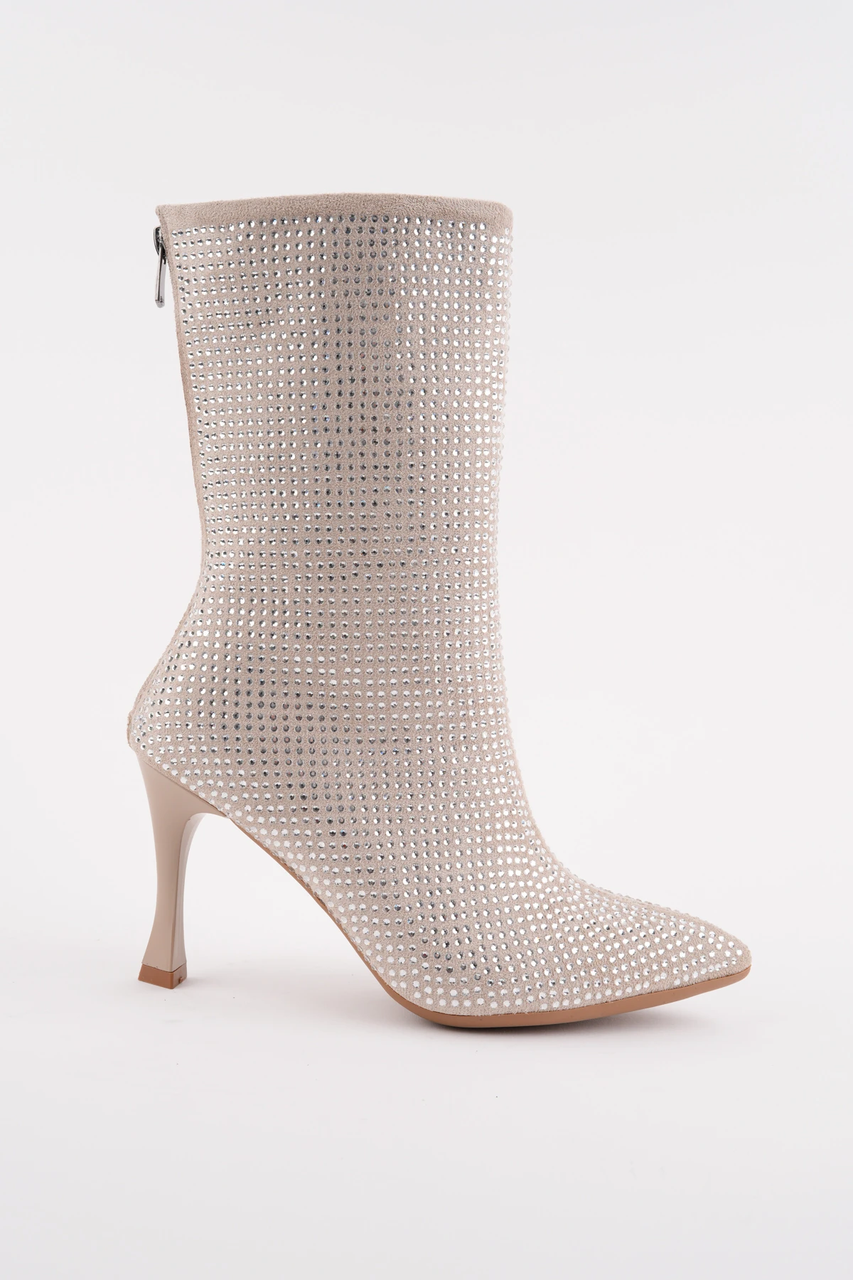 BLN-801 Full Taşlı İnce Topuk  Bot - BEJ