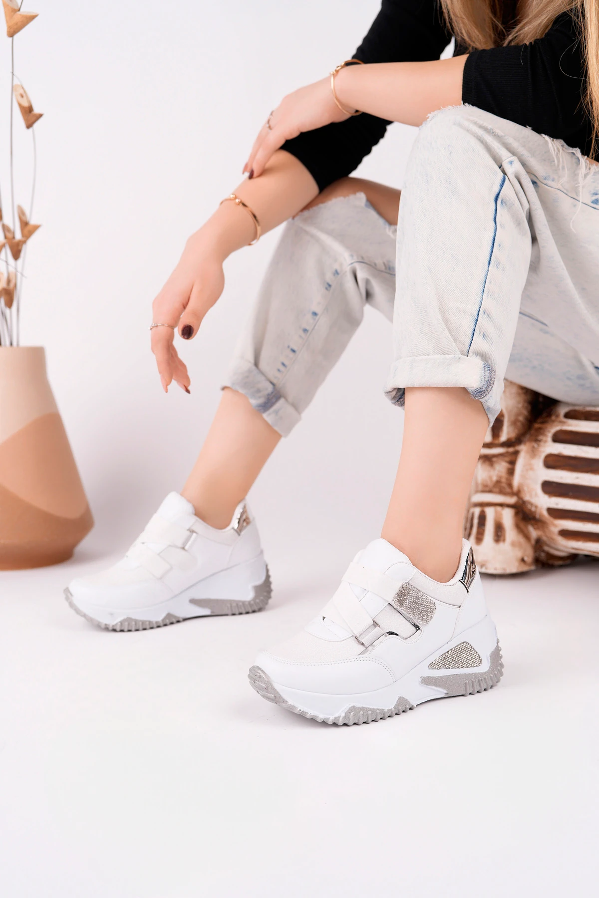 DNR-608 Simli Lastikli Kalın Taban Spor - BEYAZ
