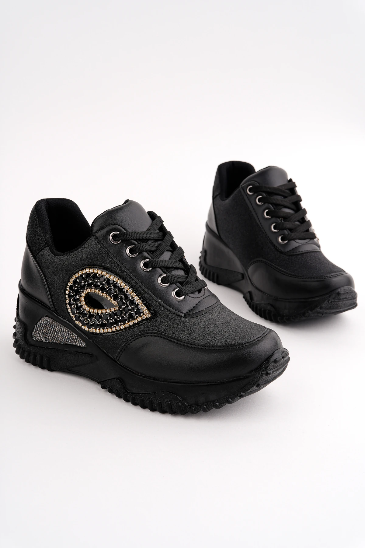 DNR-613 Kalın Taban Simli Taşlı Spor - SİYAH