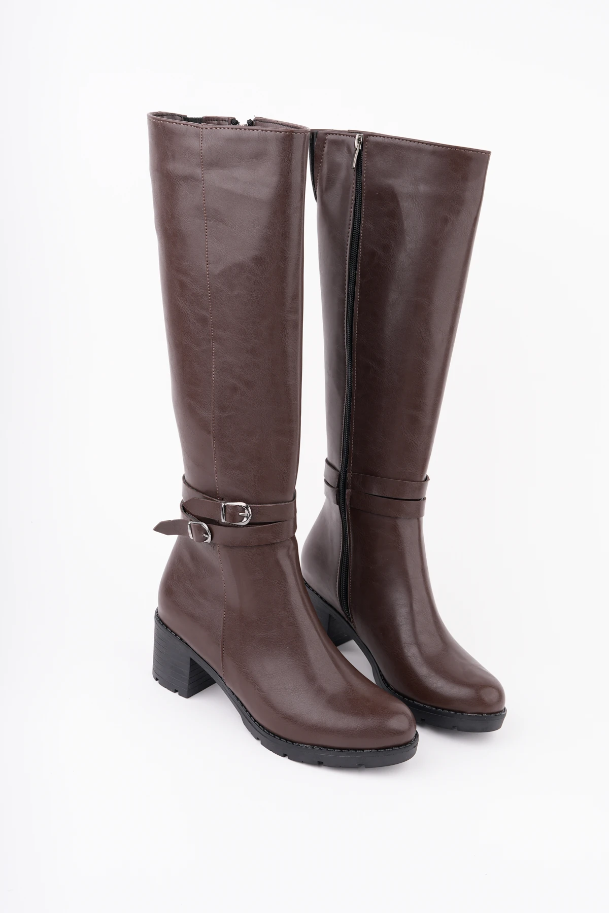 BLN-746 Çift Kemerli Kalın Topuk Çizme - KAHVE