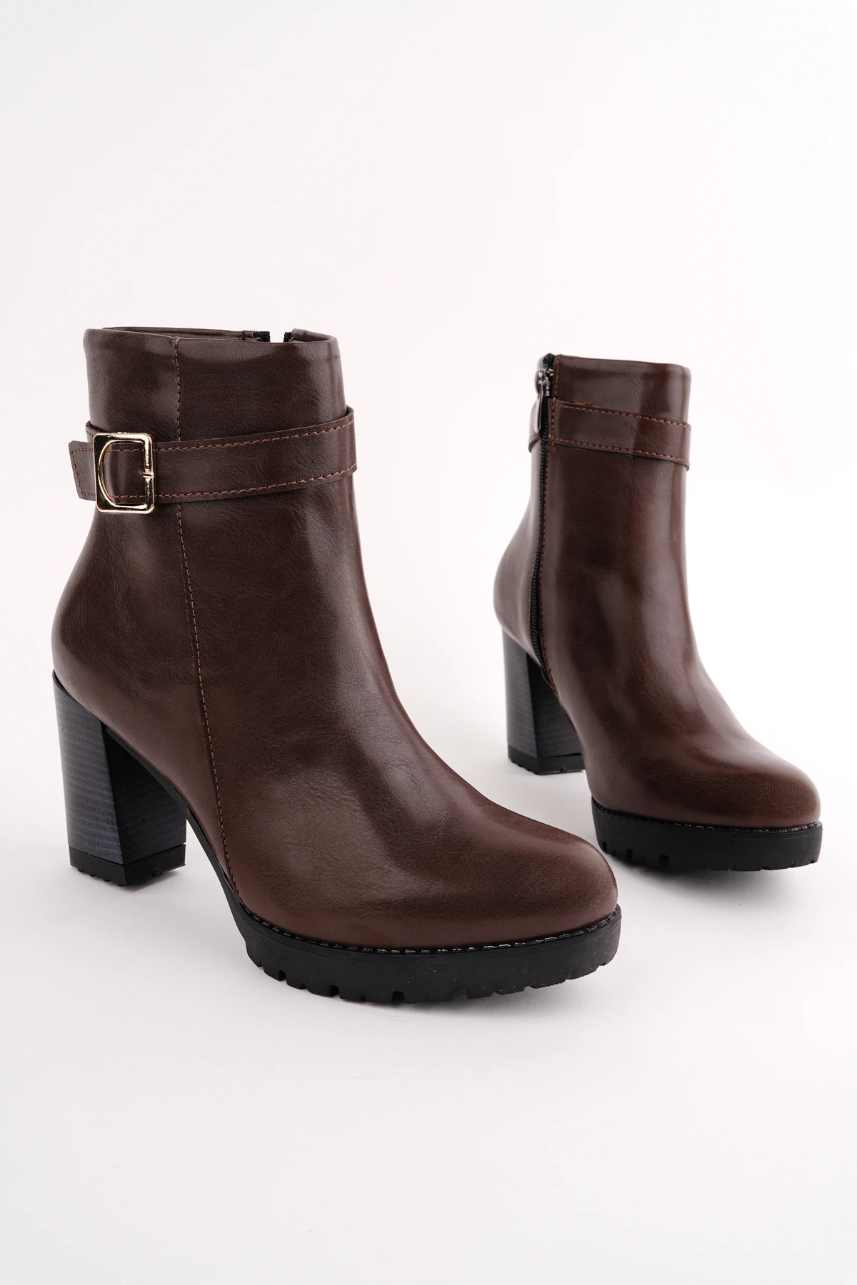 BLN-535 Kalın Topuk Kemer Detaylı Bot - KAHVE