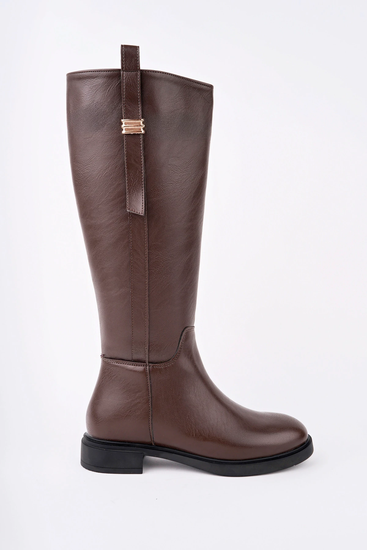 KCL-BR08 Tokalı Düz Topuklu Çizme - KAHVE
