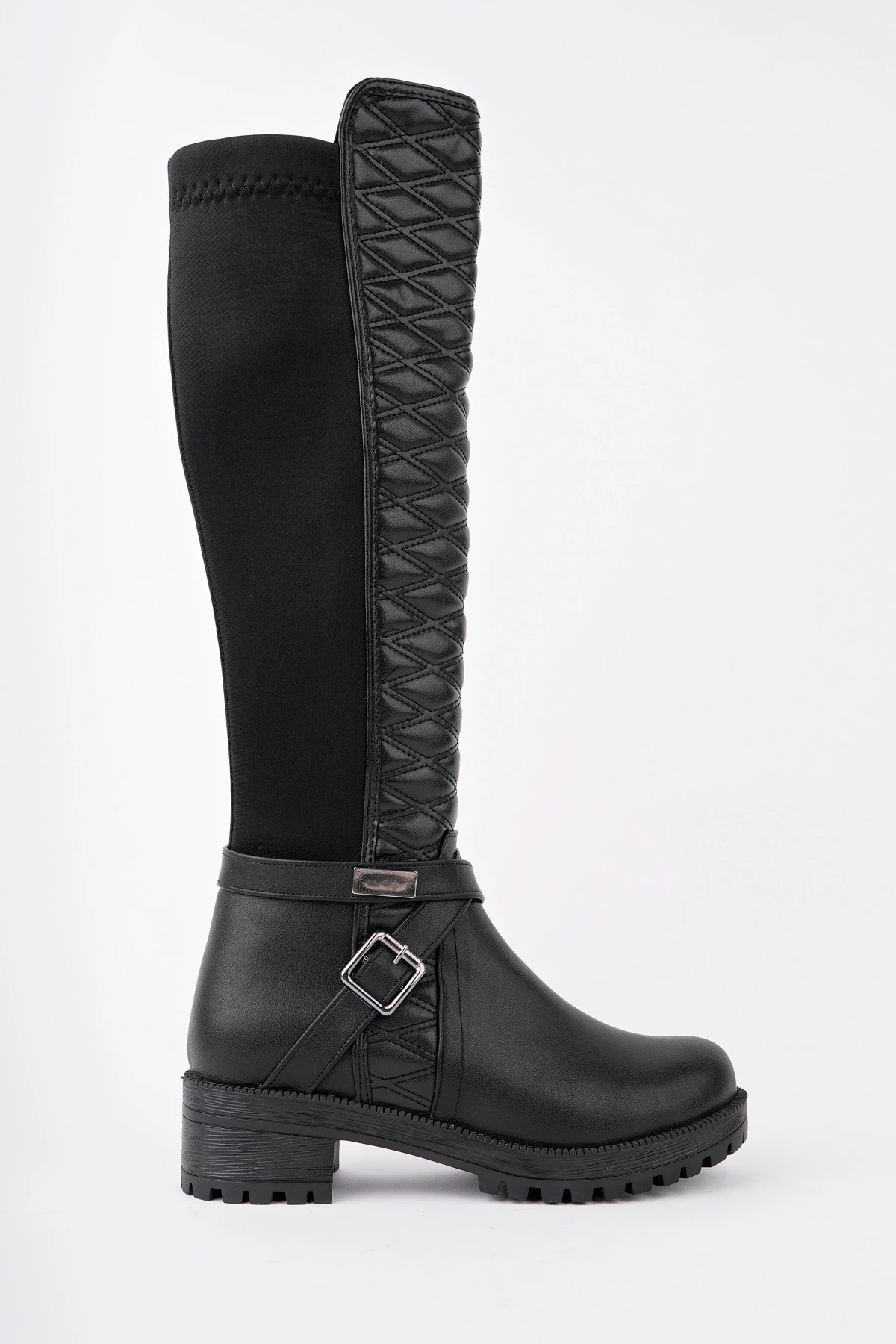 BLN-615 Kapitone Desenli Kemerli Çizme - SİYAH