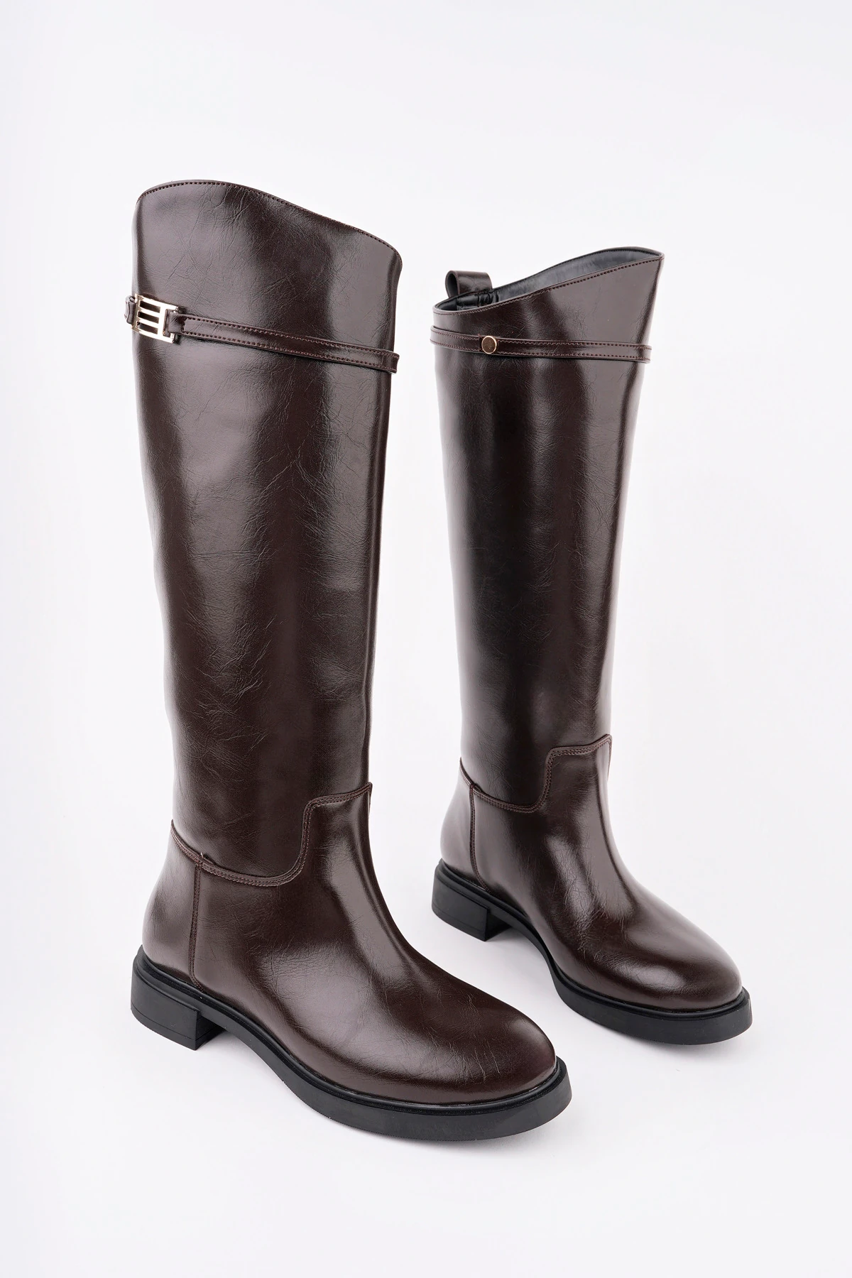 KCL-BR09 Düz Topuk Kemer Detaylı Çizme - KAHVE