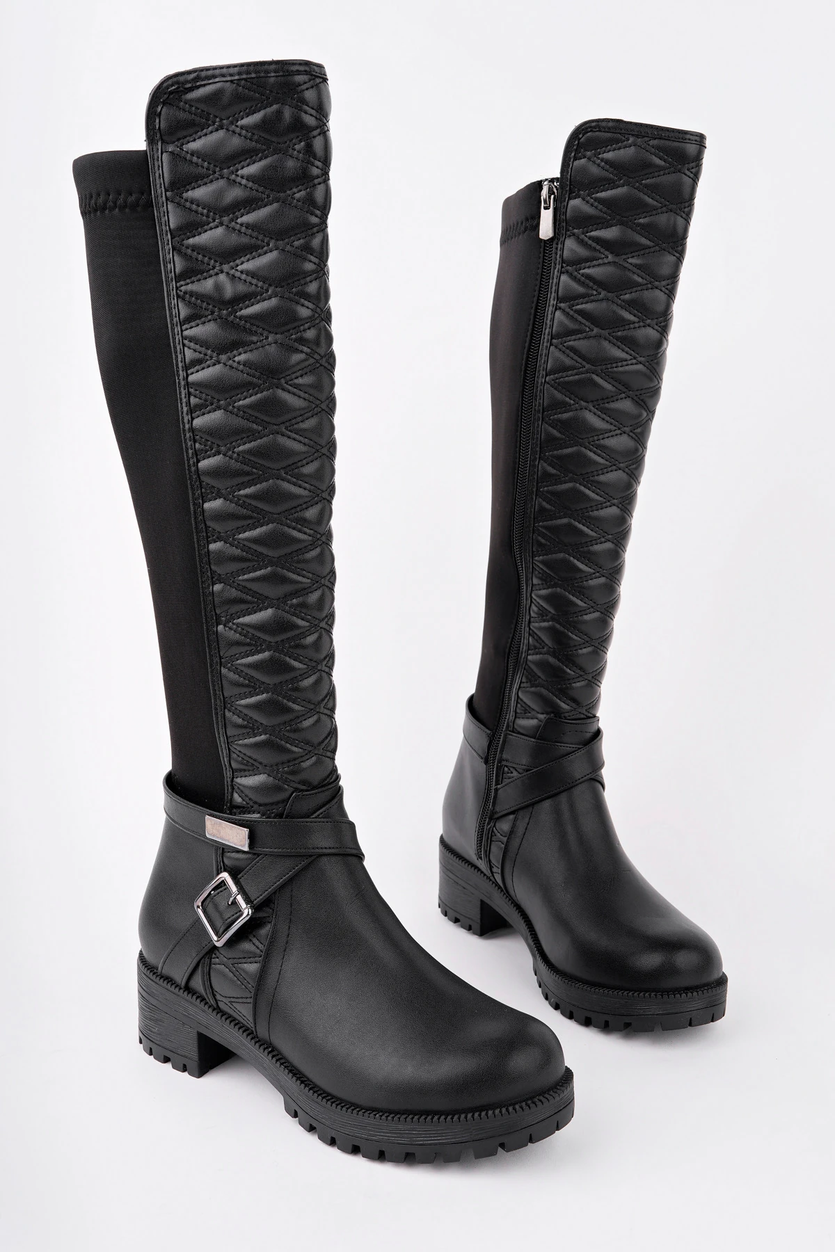 BLN-615 Kapitone Desenli Kemerli Çizme - SİYAH