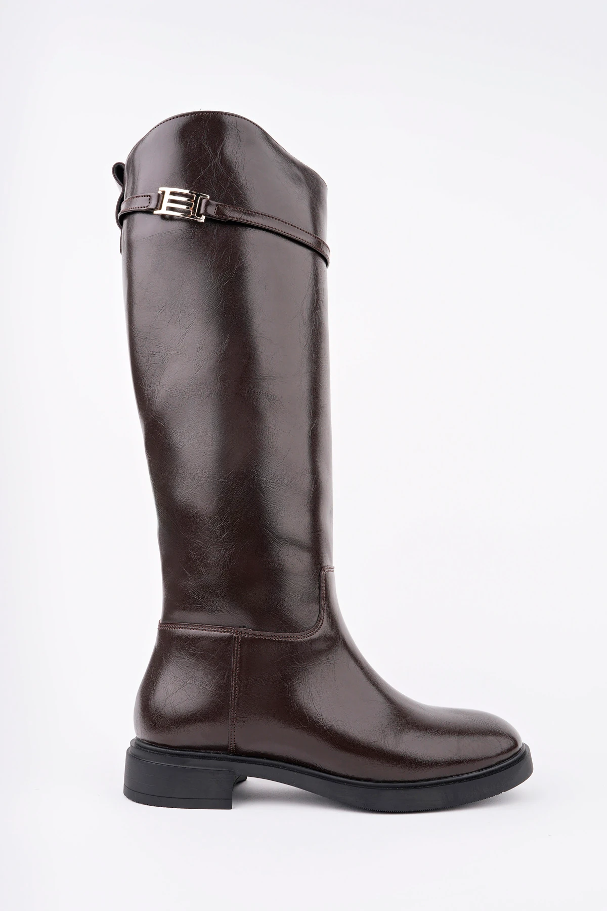 KCL-BR09 Düz Topuk Kemer Detaylı Çizme - KAHVE