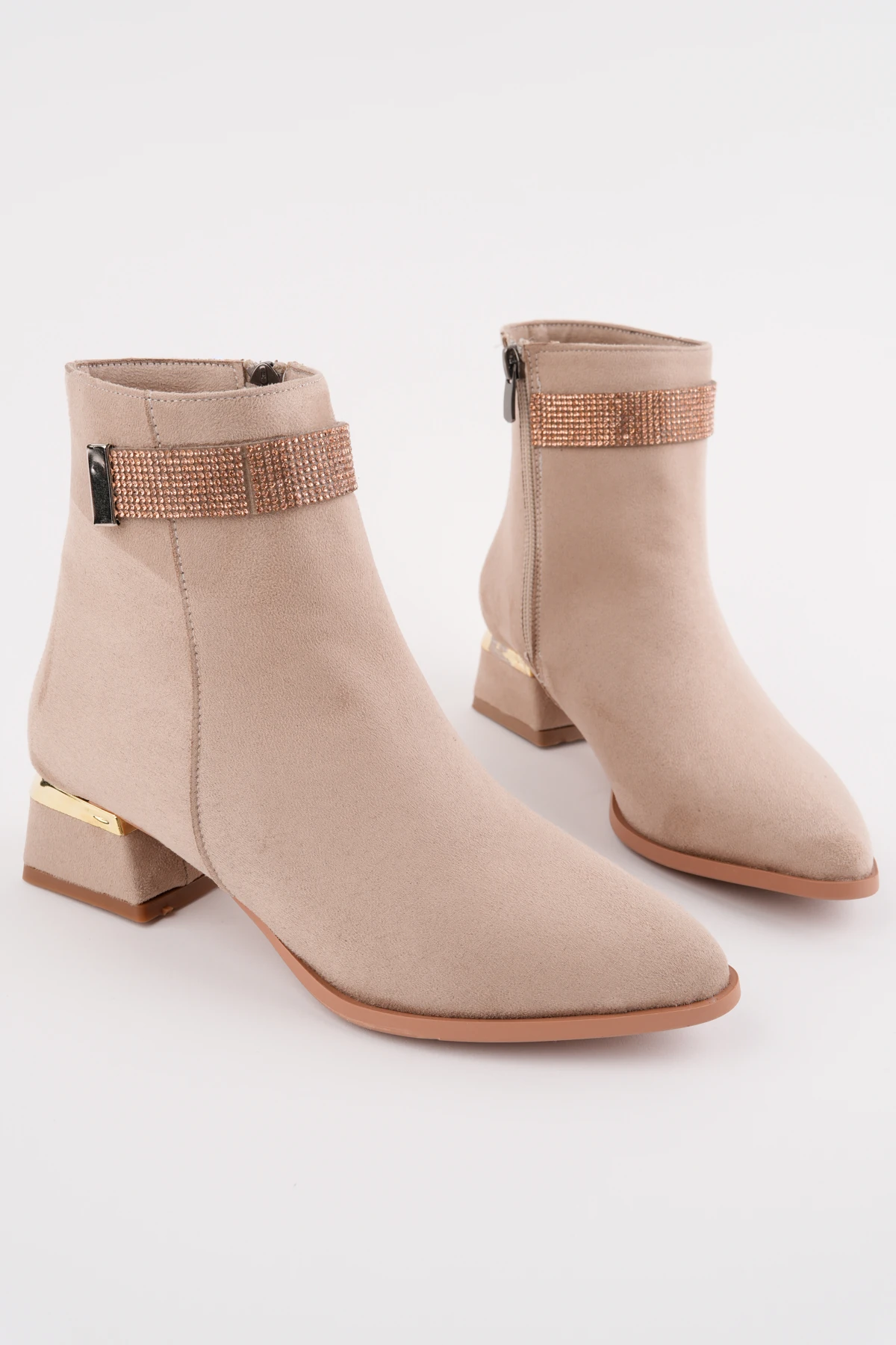 BLN-705 Taş Detaylı Alçak Topuk Bot - BEJ SÜET