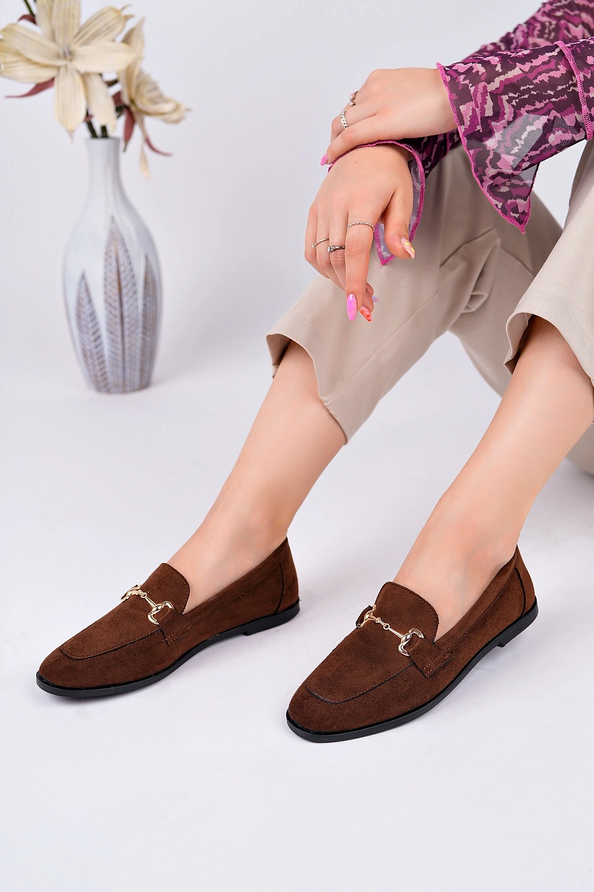 CNG-A3 Düz Taban Tokalı Babet - TABA SÜET