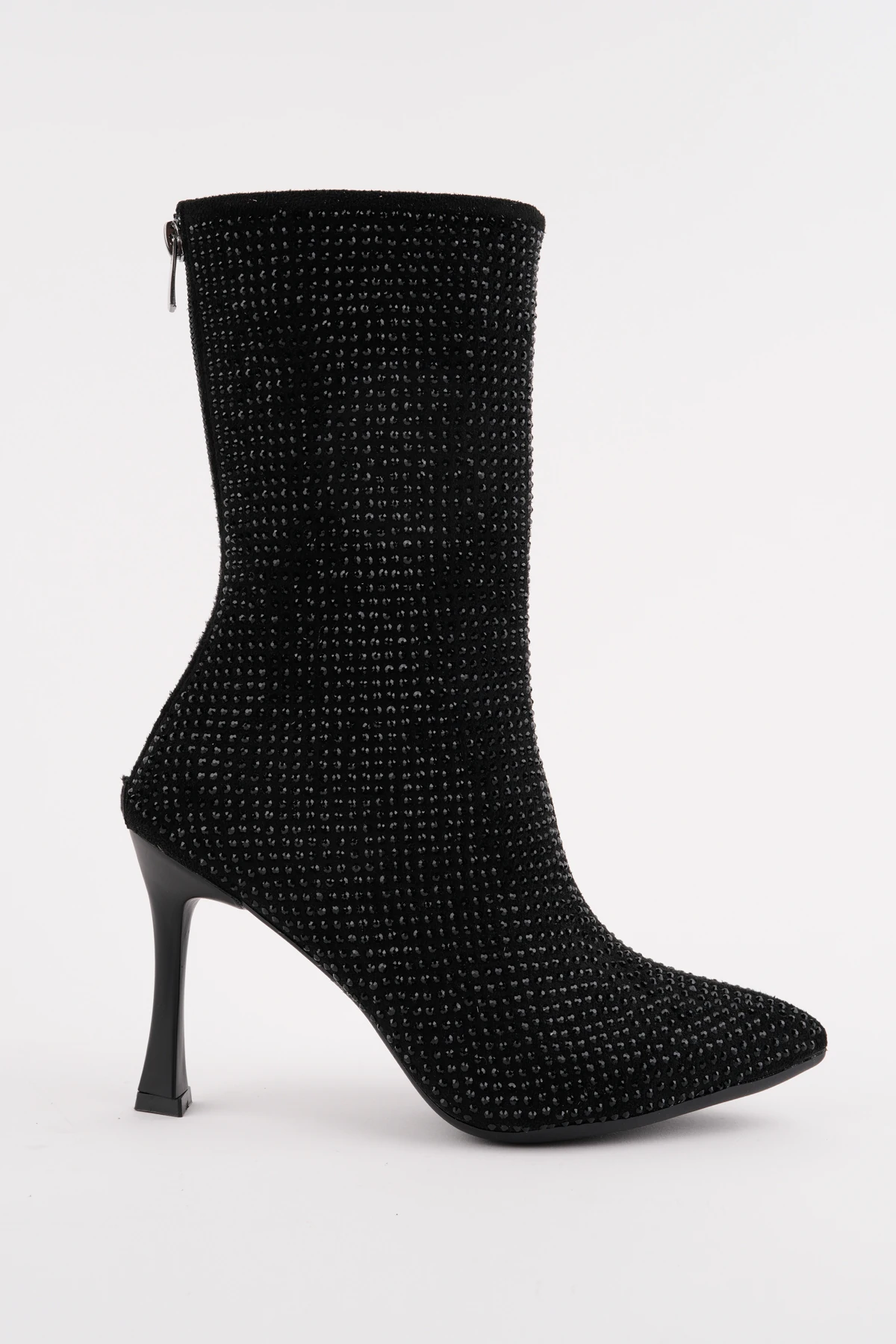 BLN-801 Full Taşlı İnce Topuk  Bot - SİYAH