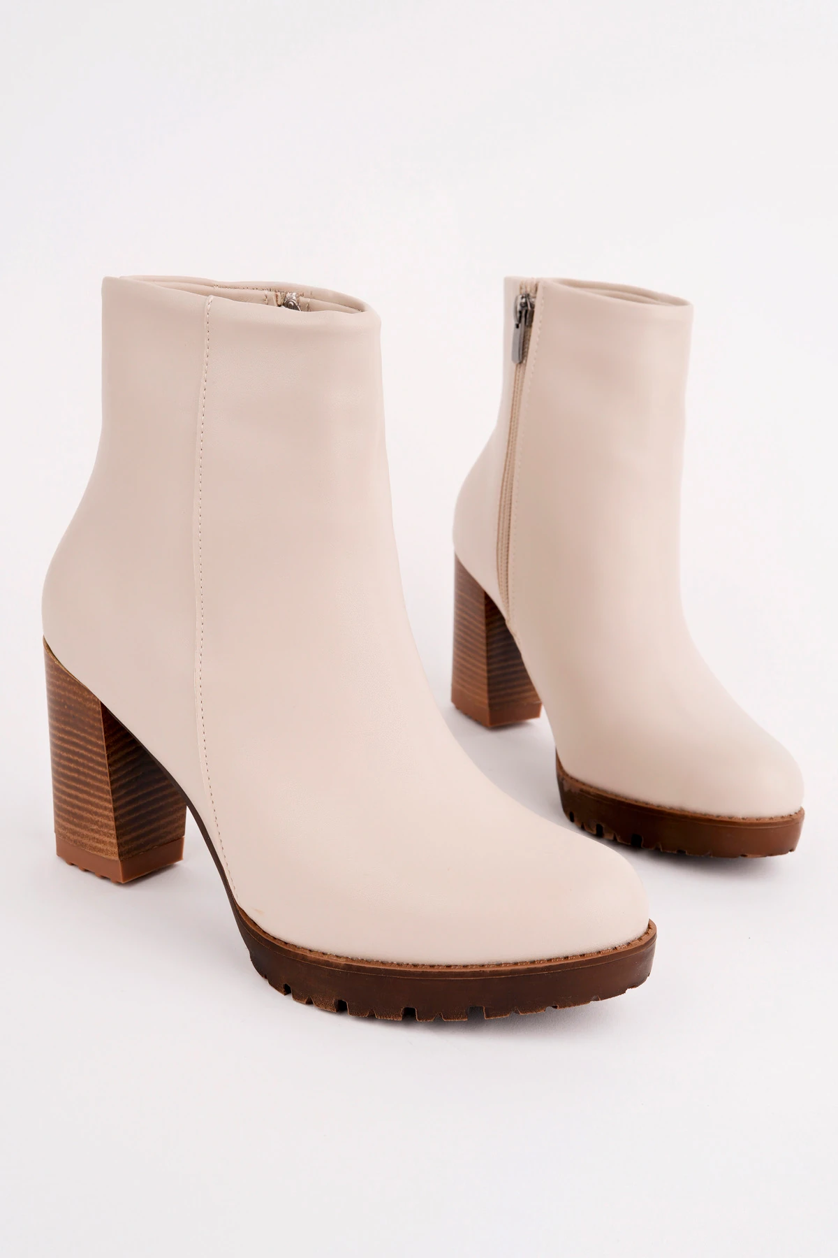 BLN-516 Kalın Topuk Fermuarlı Bot - BEJ
