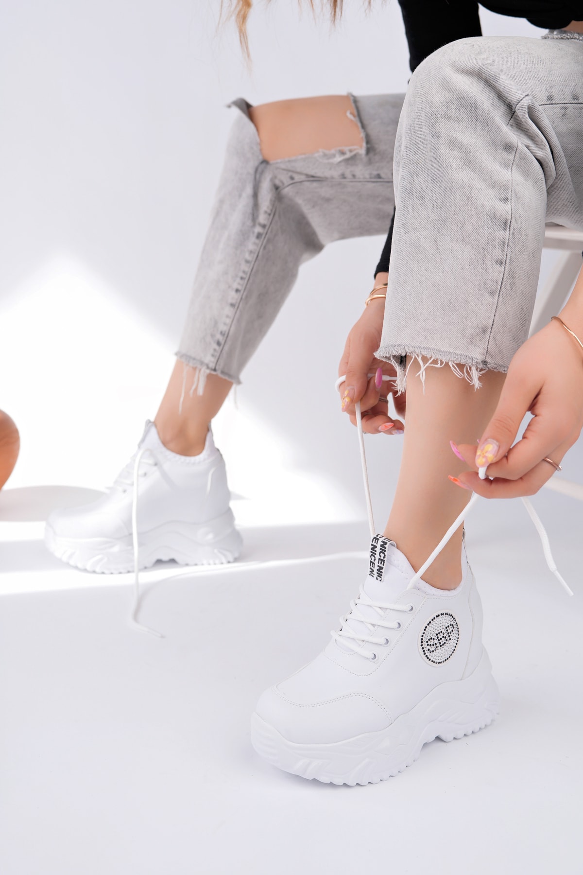 FRM-8008 Taşlı Gizli Dolgu Taban Spor - BEYAZ
