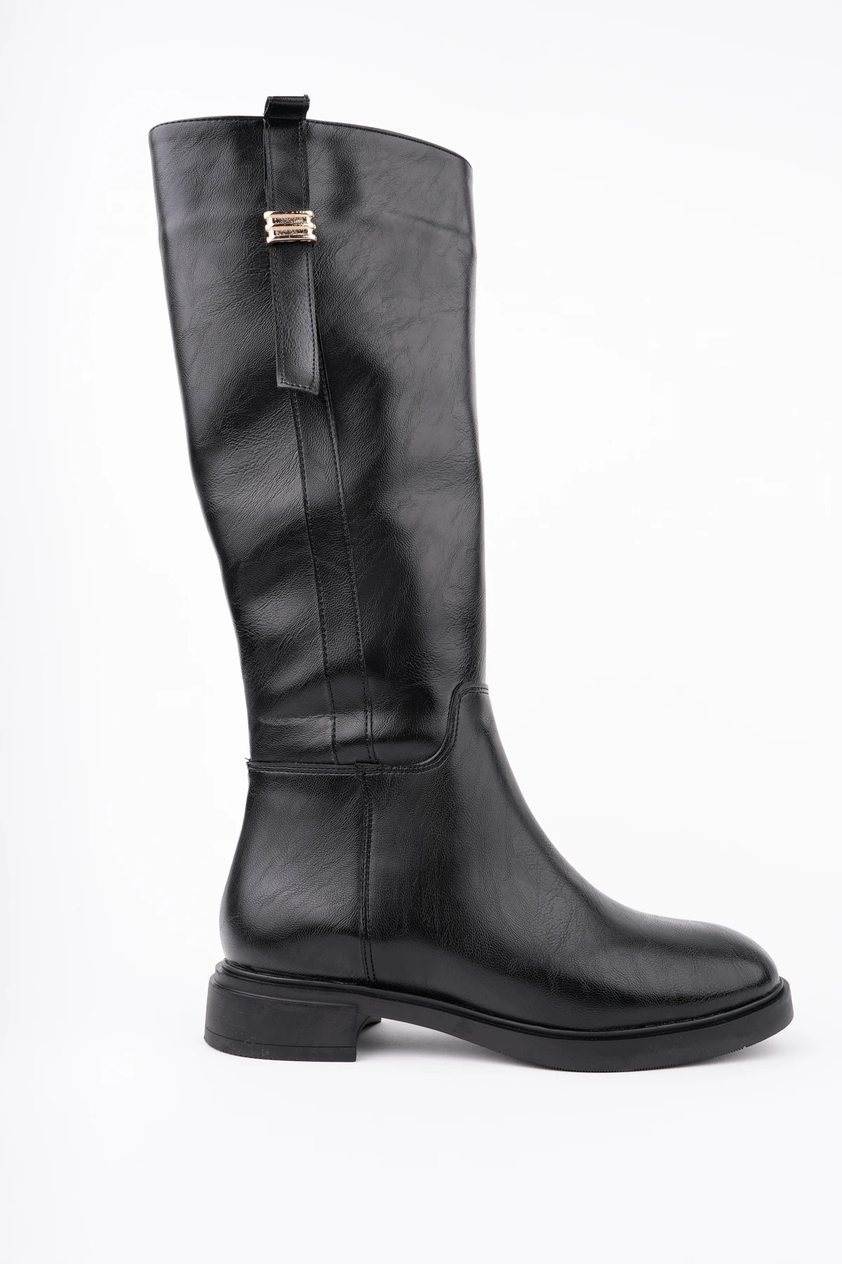 KCL-BR08 Tokalı Düz Topuklu Çizme - SİYAH