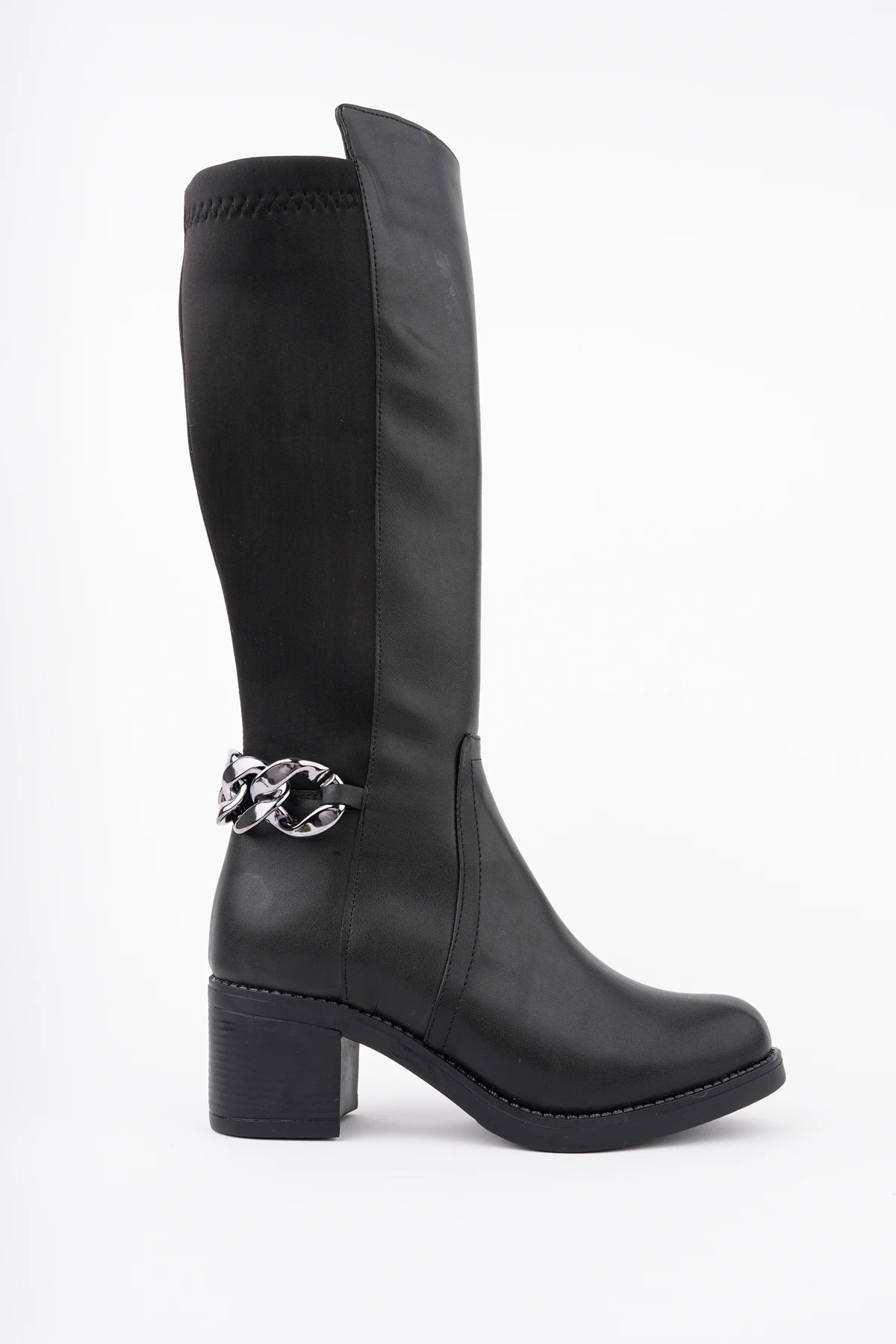 BLN-710 Tokalı Streç Kalın Topuk Çizme - SİYAH