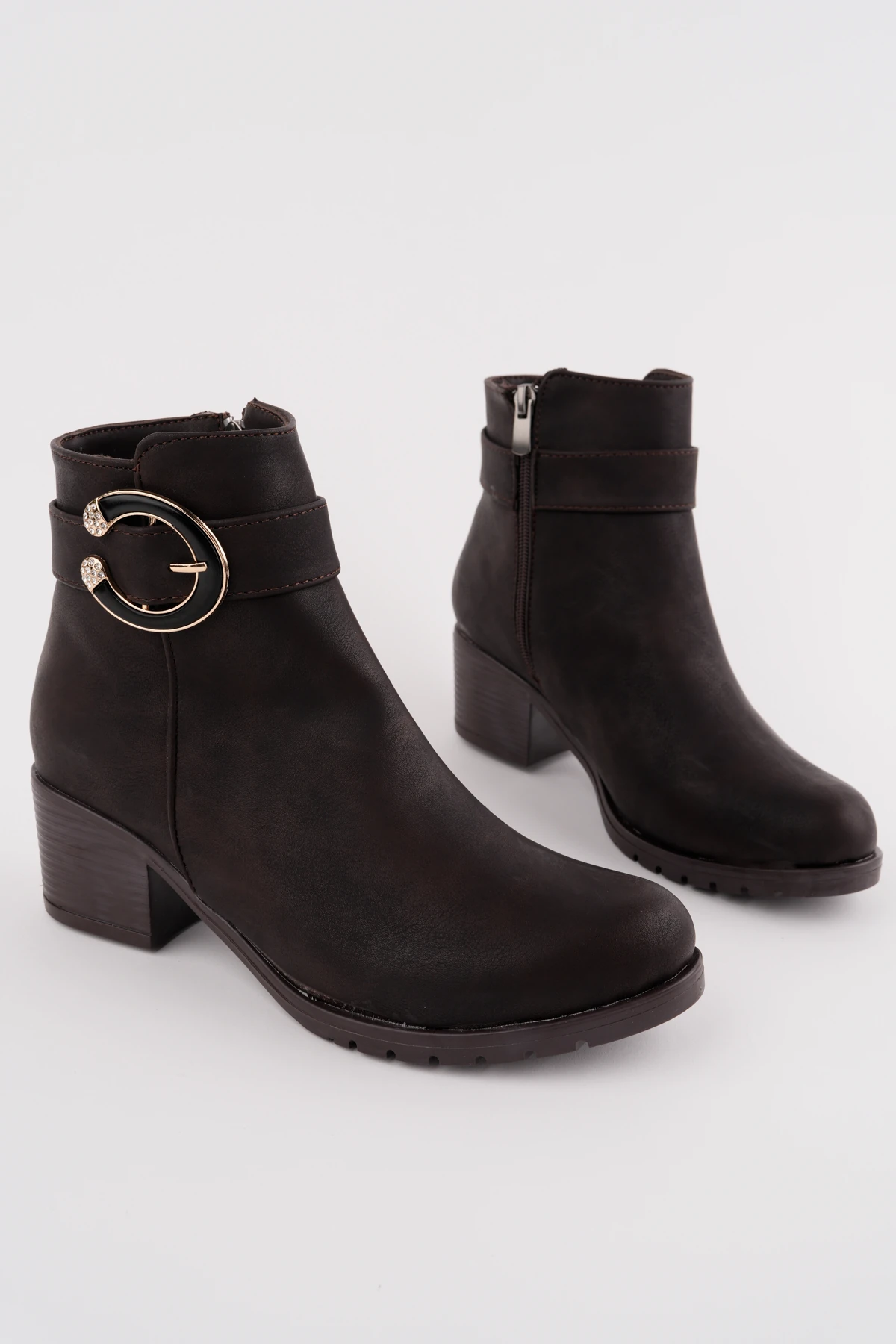 BLN-231 Kalın Topuk Kemer Detaylı Bot - KAHVE MAT DERİ