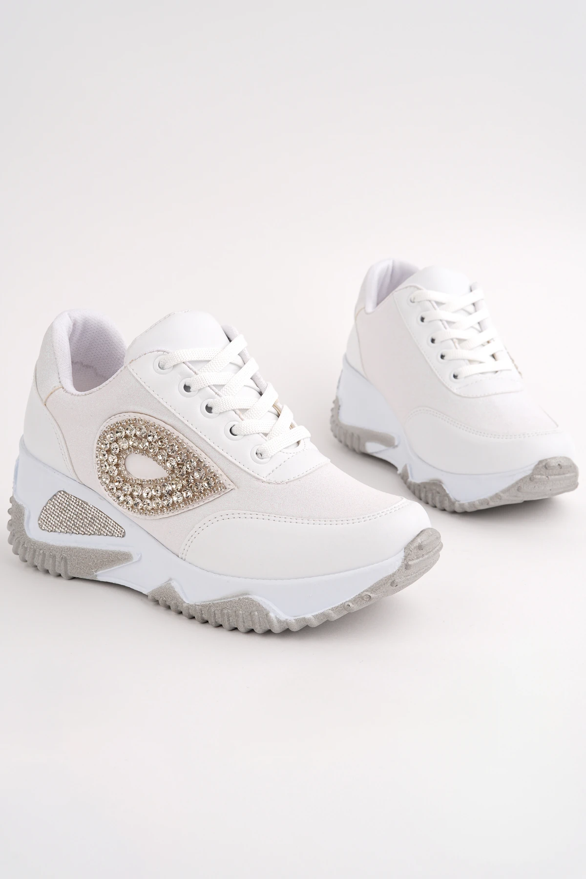 DNR-613 Kalın Taban Simli Taşlı Spor - BEYAZ