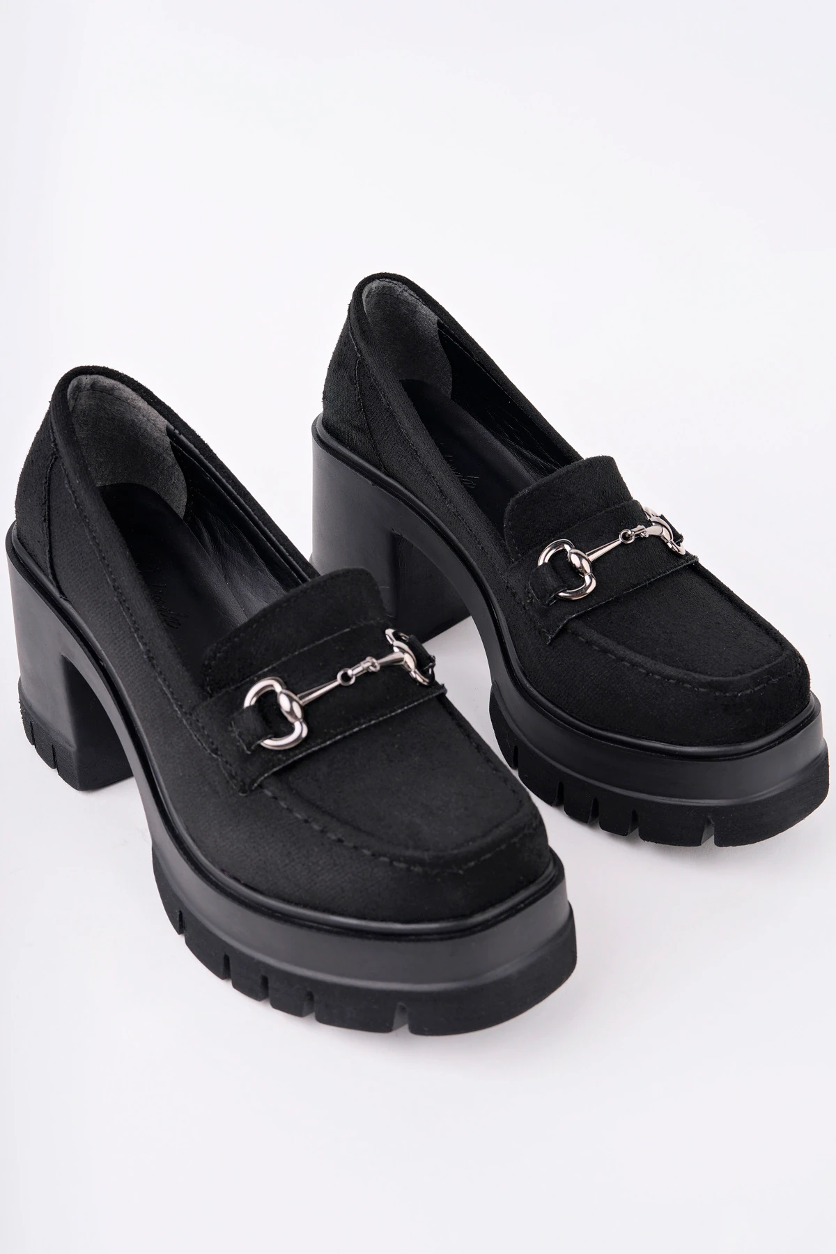 BLN-403 Kalın Topuk Toka Detaylı Loafer - SİYAH SÜET