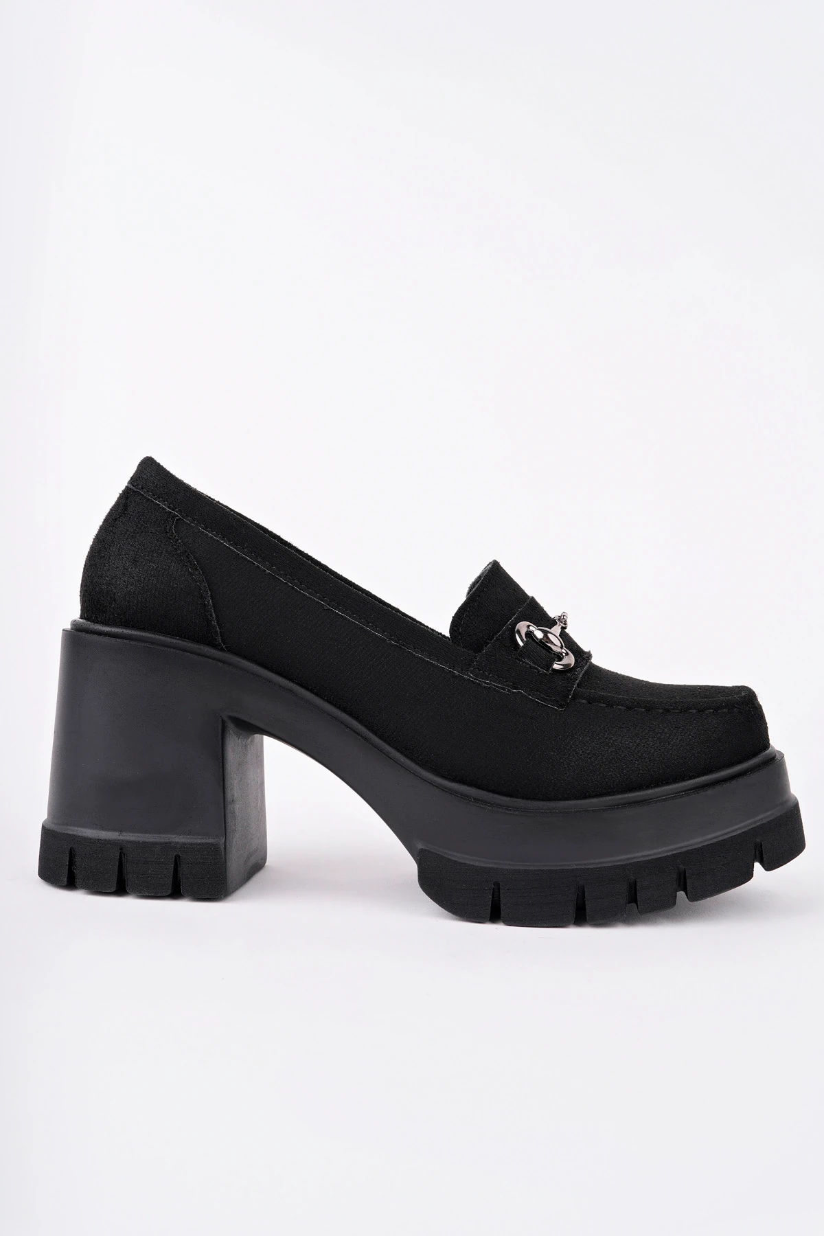 BLN-403 Kalın Topuk Toka Detaylı Loafer - SİYAH SÜET