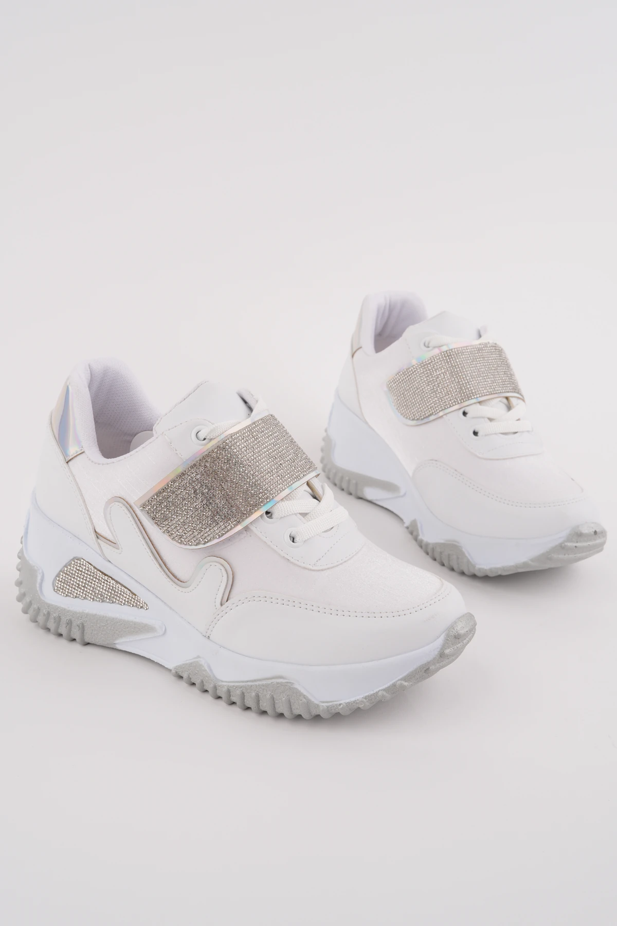 DNR-618 Kalın Taban Taşlı Cırtlı Spor - BEYAZ